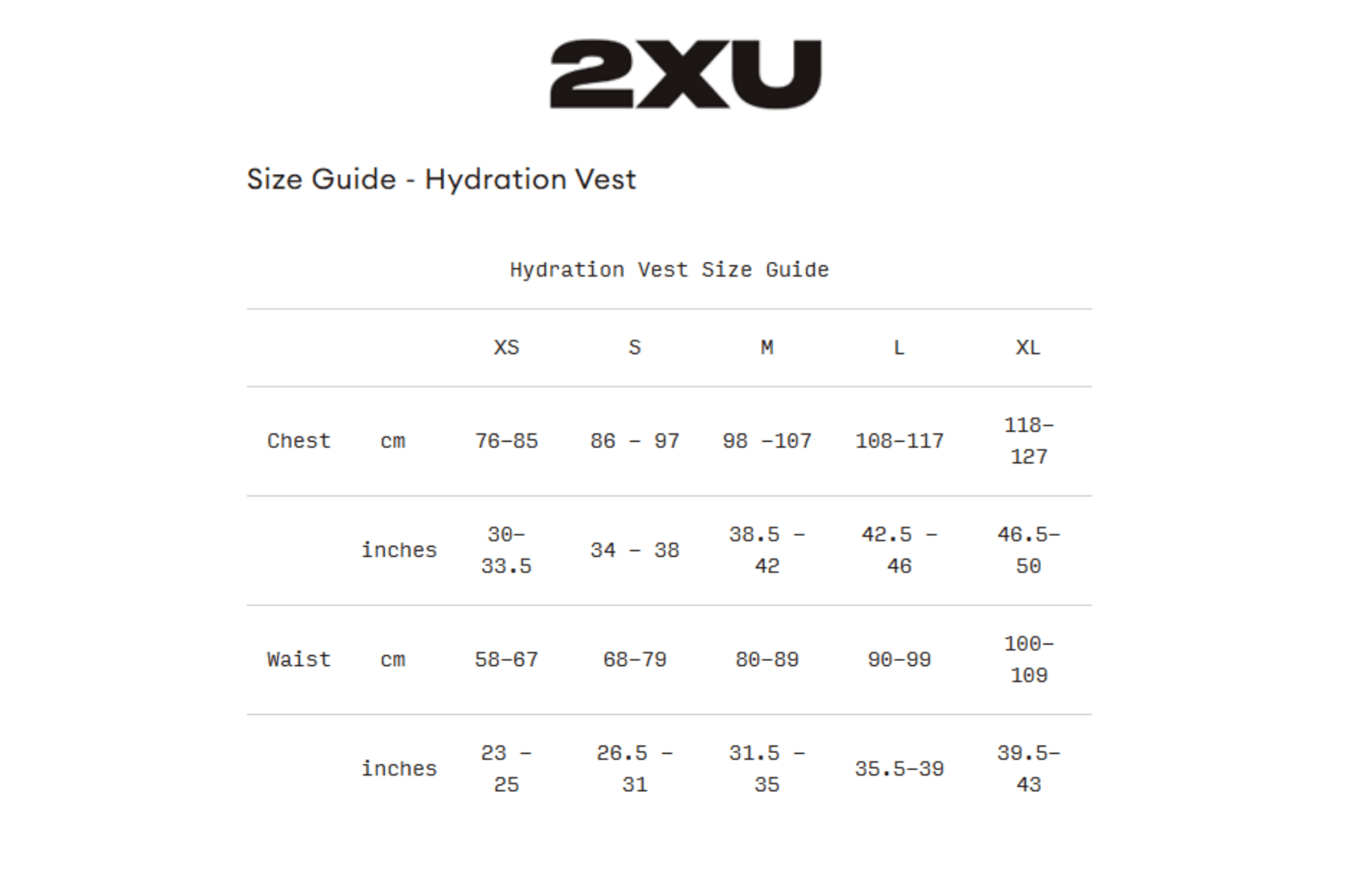 2XU hydration vest size guide on a white background