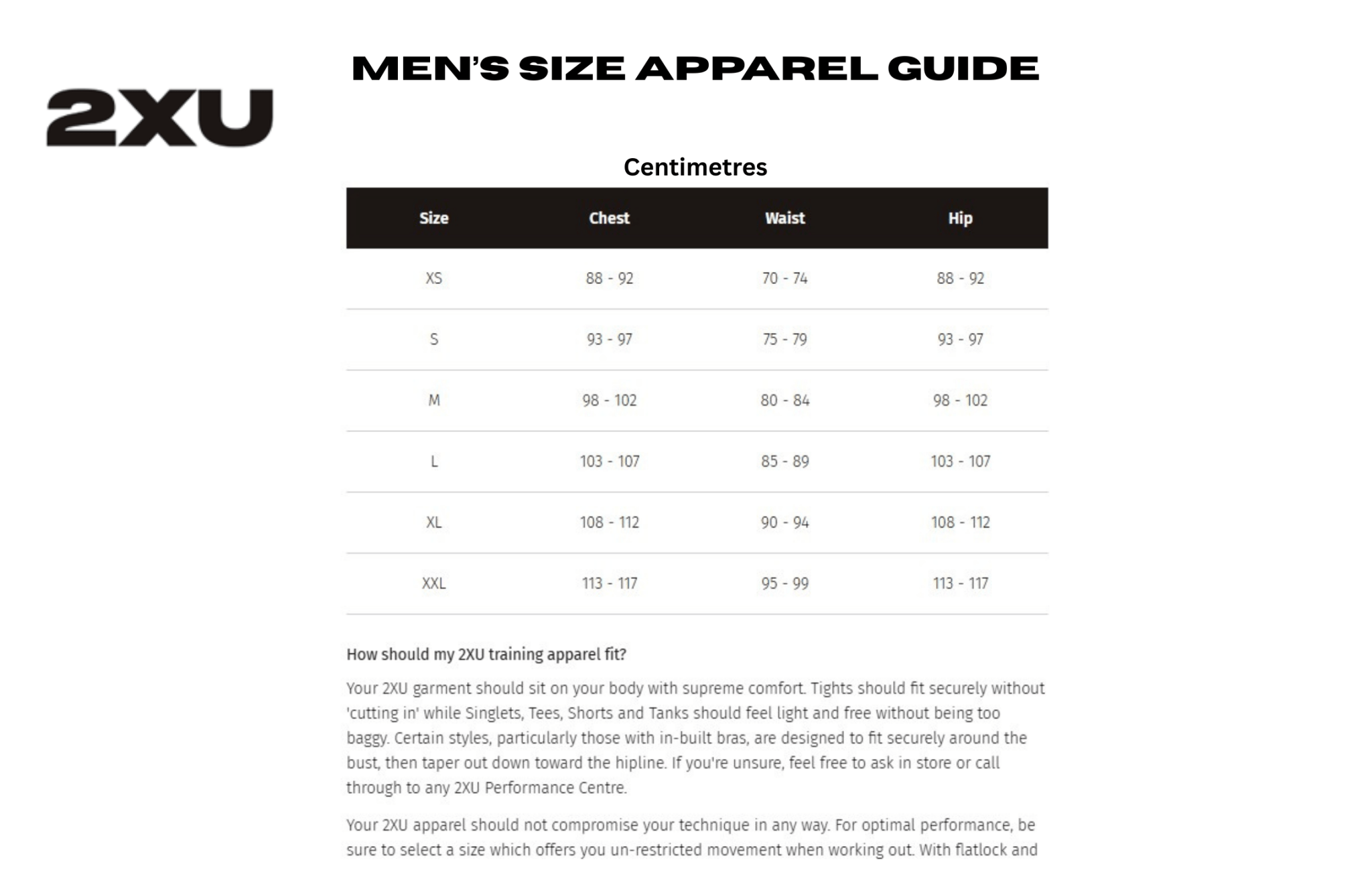 2XU men's size apparel guide chart on a white background