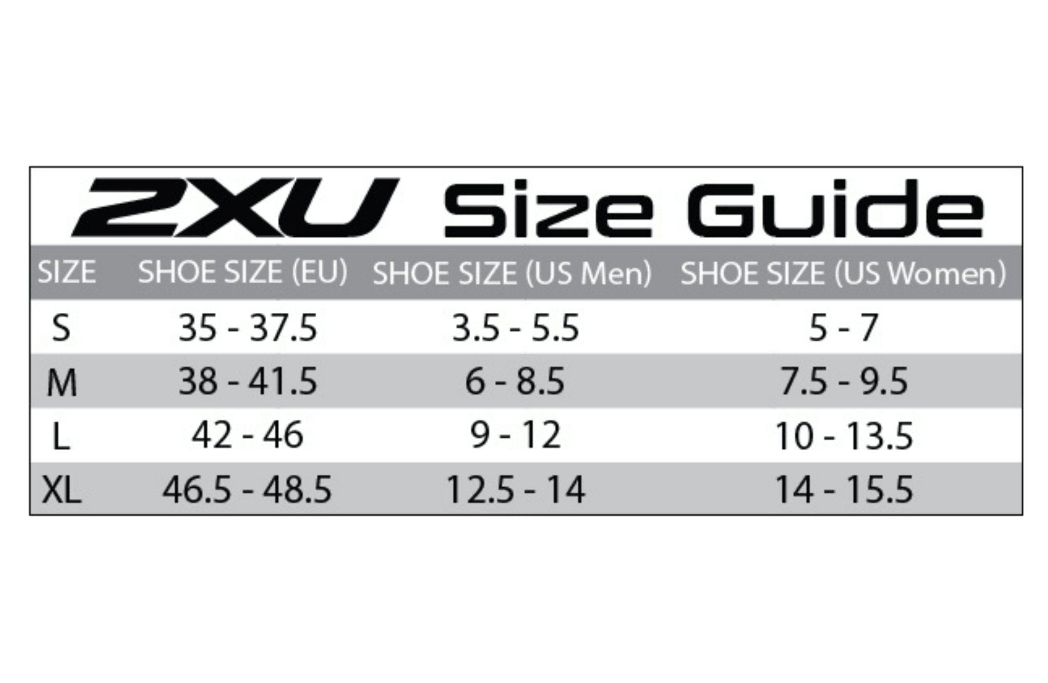 2XU size guide chart for shoe sizes in EU, US Men, and US Women on a white background.
