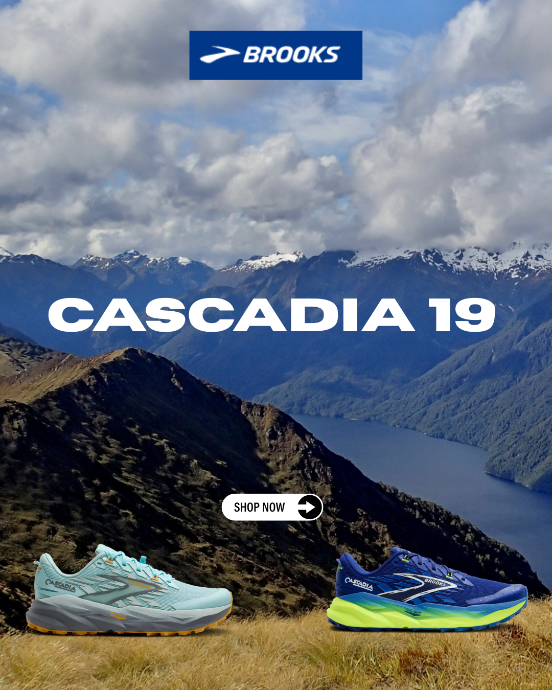 Two running shoes with a mountainous landscape and Brooks logo in the background