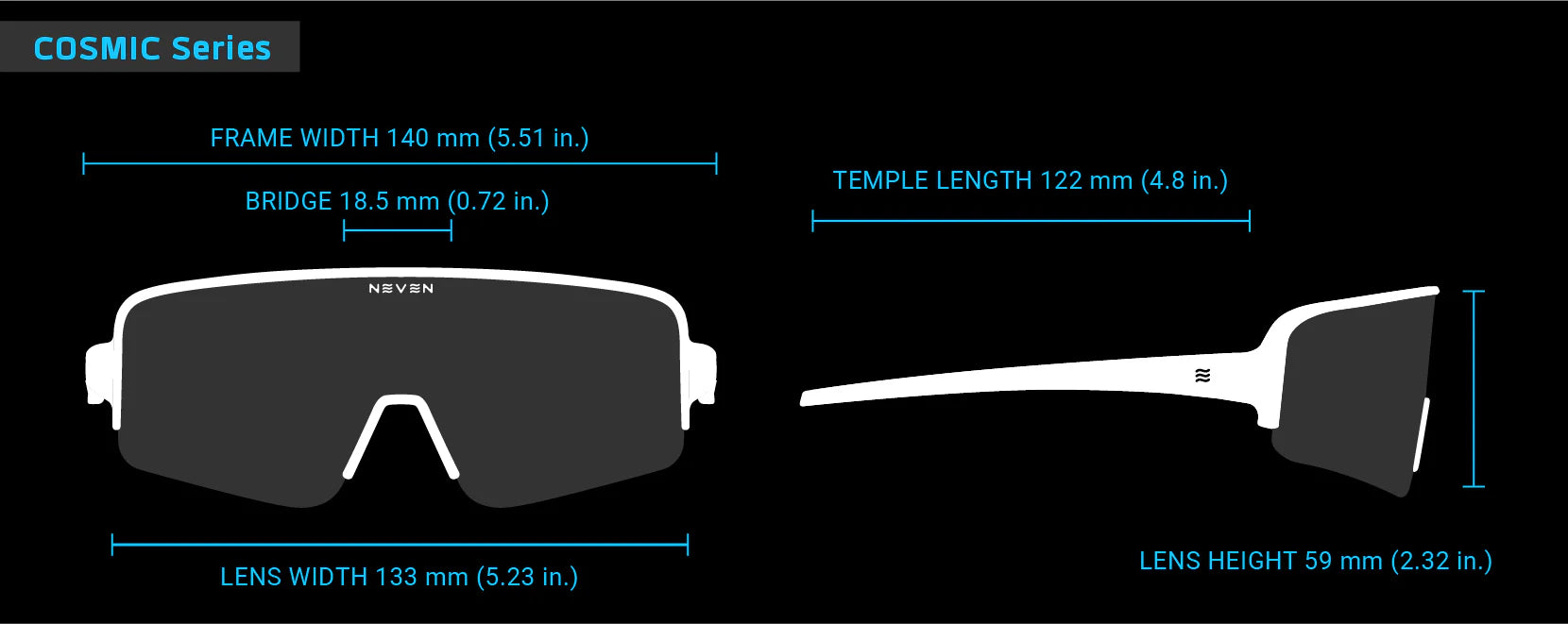 Neven Cosmic Glasses frame dimensions labeled with measurements on a black background