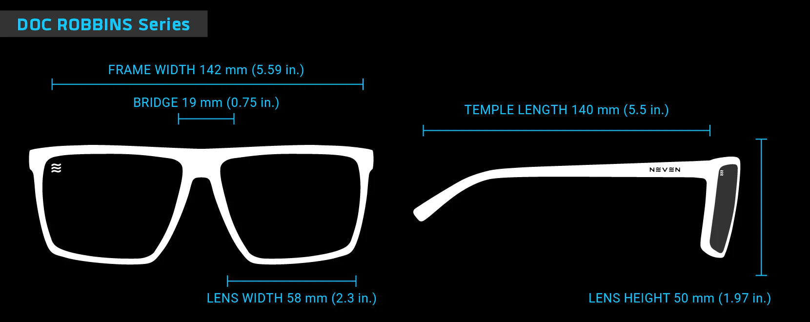 Neven Doc robbins Glasses frame dimensions labeled with measurements on a black background