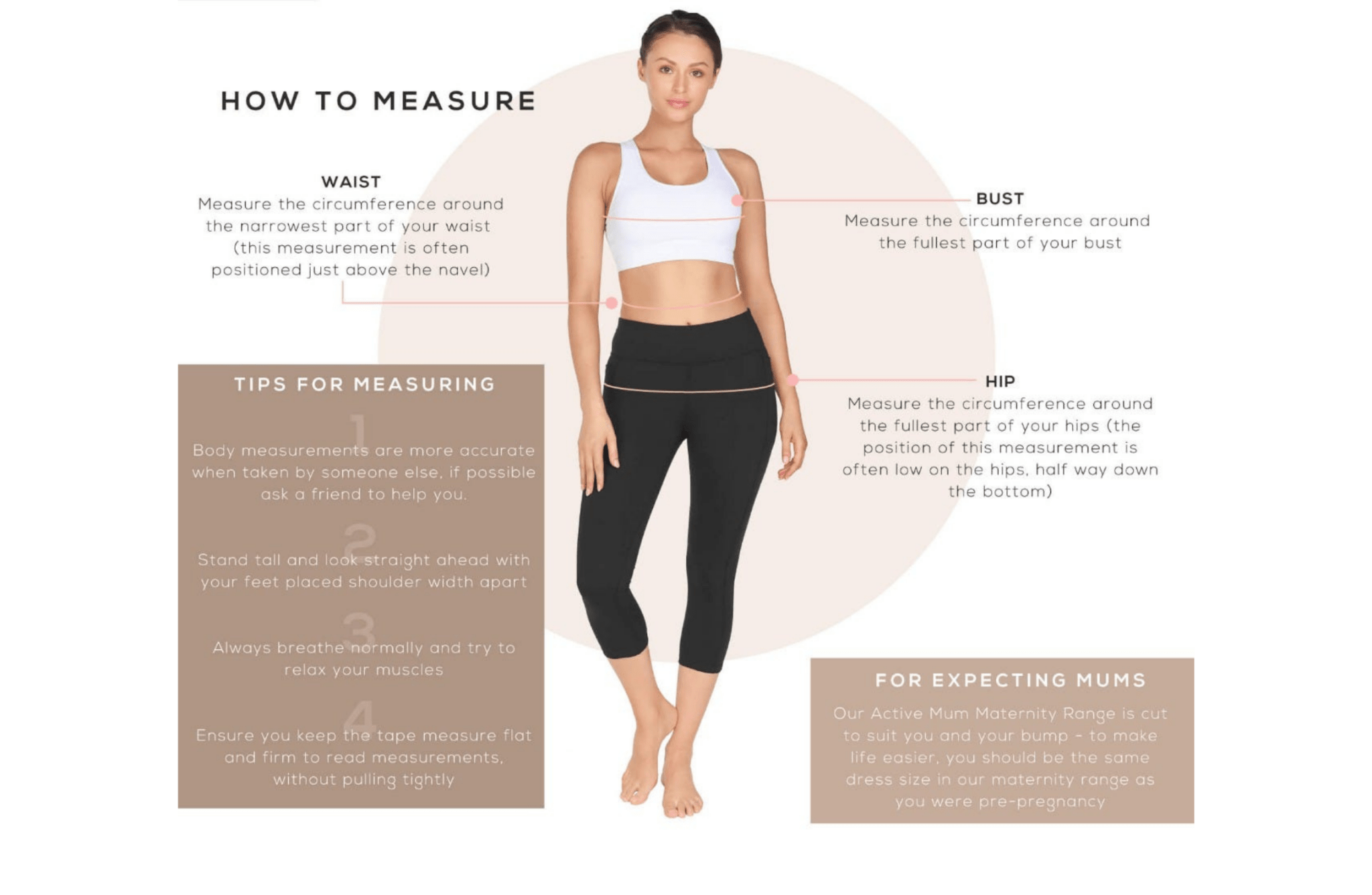 Measurement guide for clothing with a woman model and text instructions.