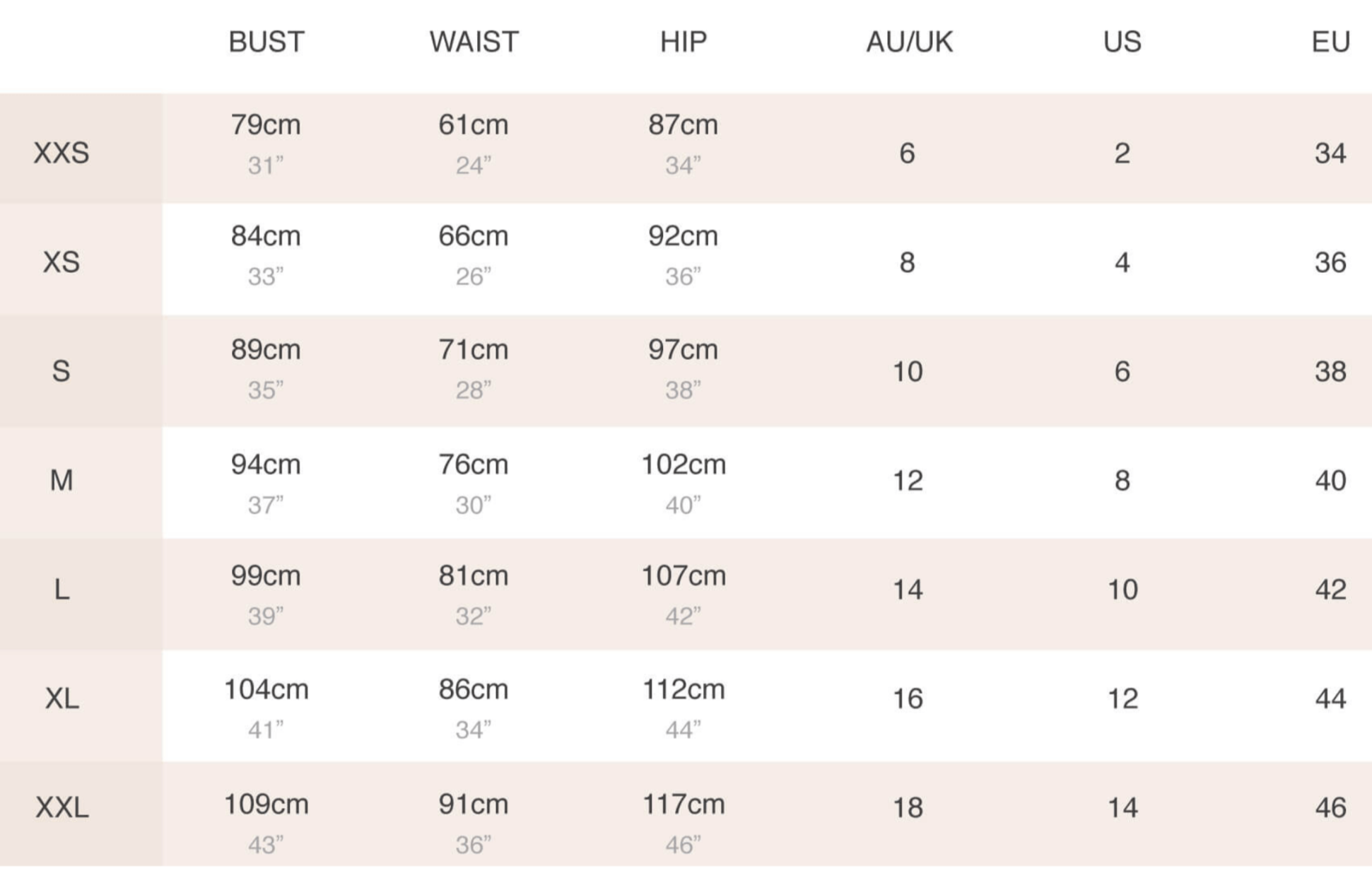 Measurement chart for bust, waist, and hip sizes with corresponding AU/UK, US, and EU sizes.