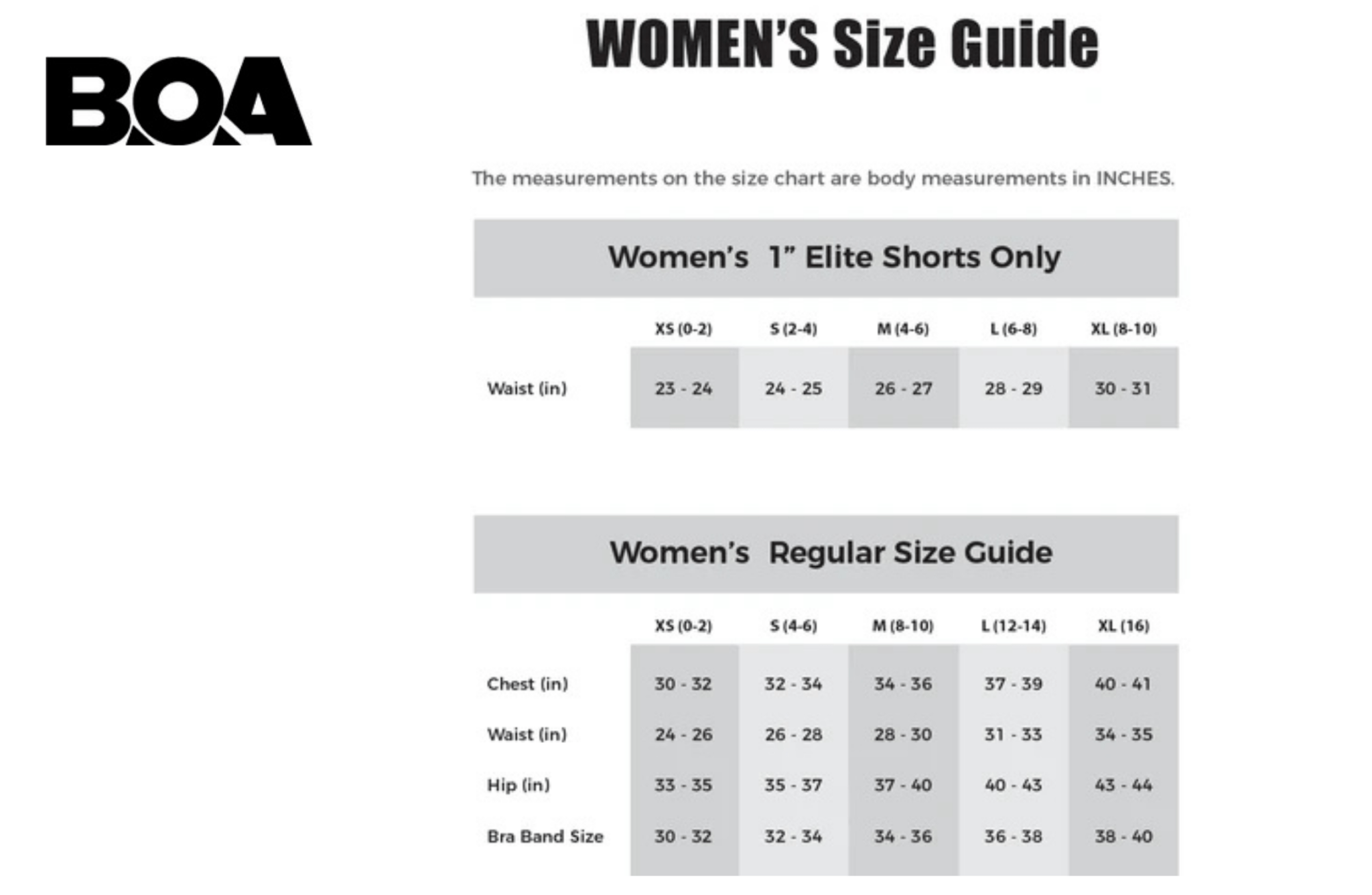 BOA women's size guide chart for shorts and regular clothing.