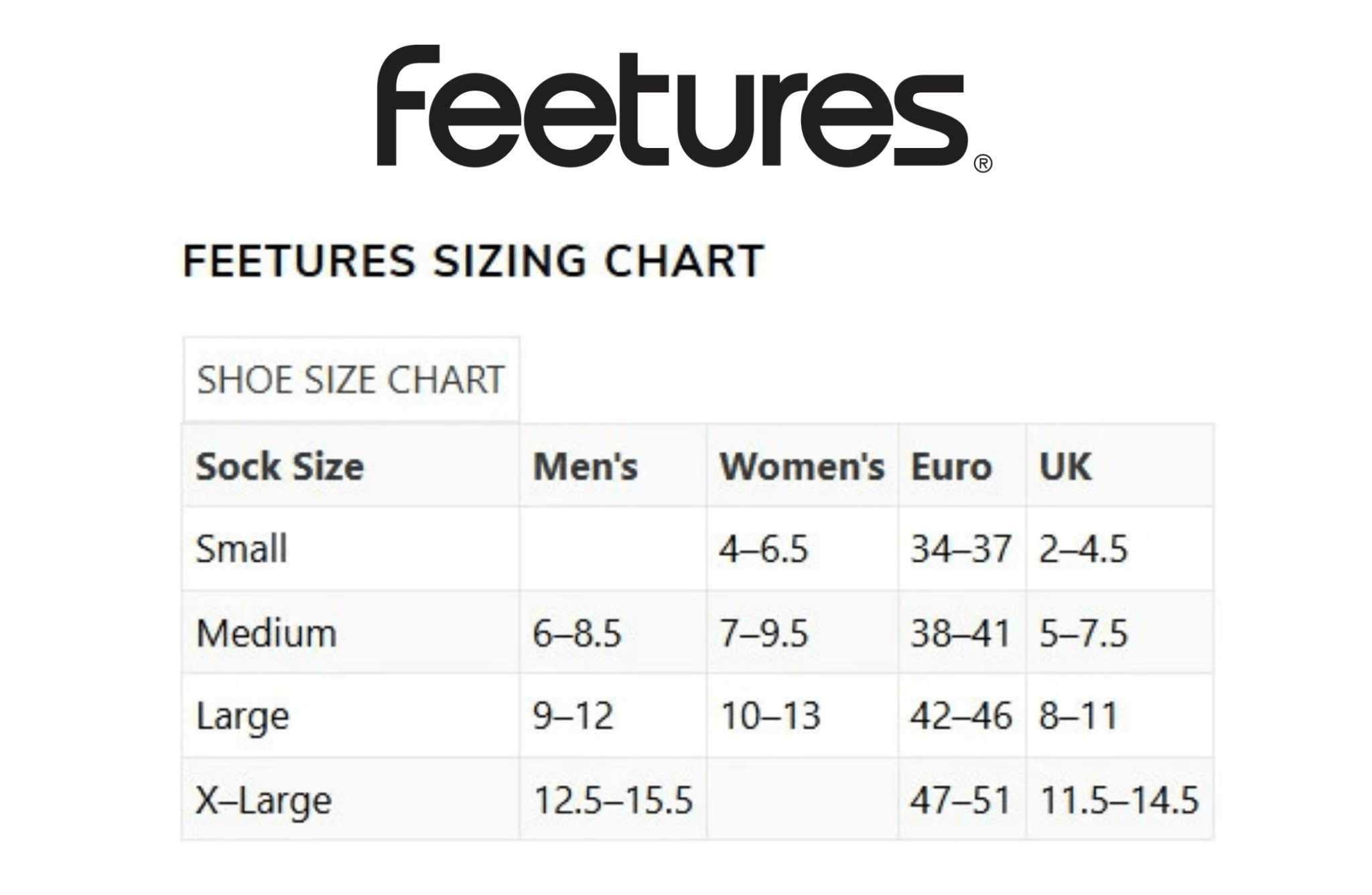 Features sizing chart for socks with shoe size conversions.