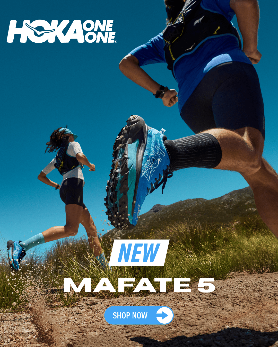 Two runners on a trail with Hoka One One shoes, promoting the Mafate 5 model.
