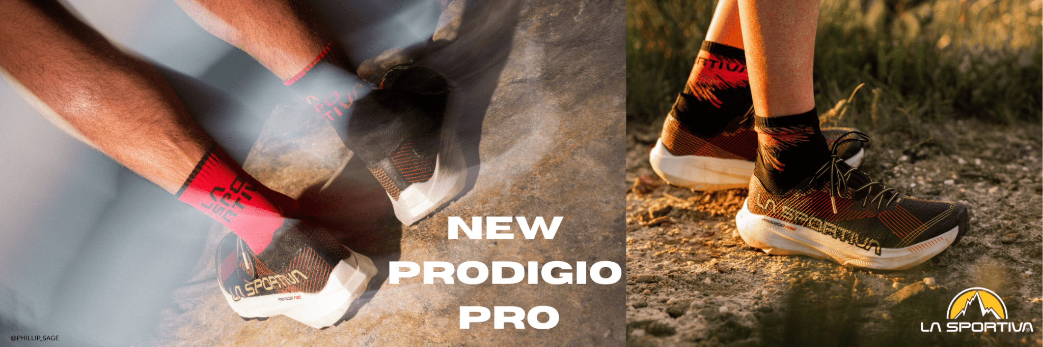 Person tying a shoe with 'New Prodigio Pro'  and La Sportiva logo