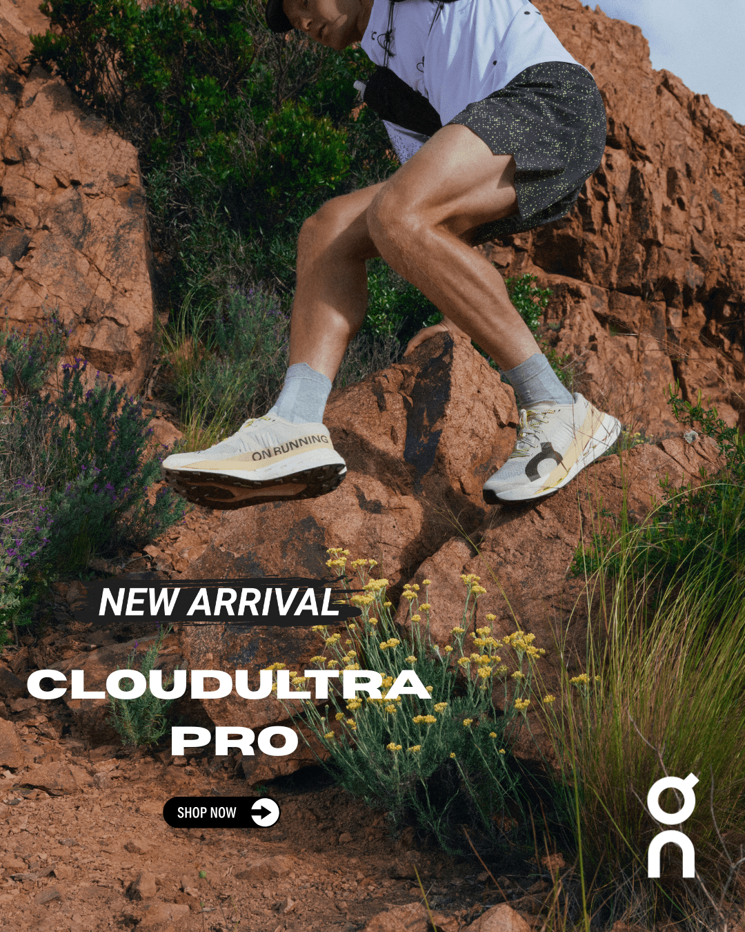 Person wearing On Cloud Ultra Pro shoes on a rocky trail with promotional text.