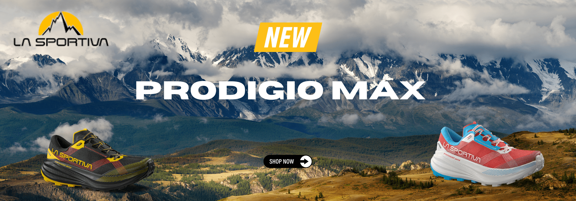 La Sportiva Prodigio Max shoes with mountainous landscape in the background