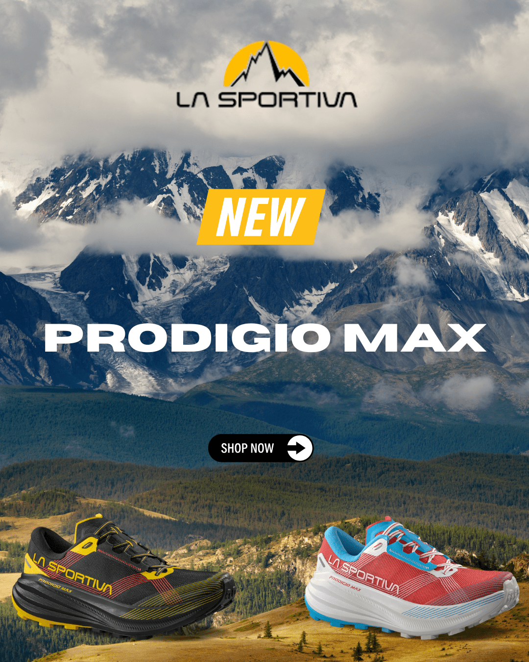 La Sportiva Prodigio Max shoes with mountainous landscape in the background