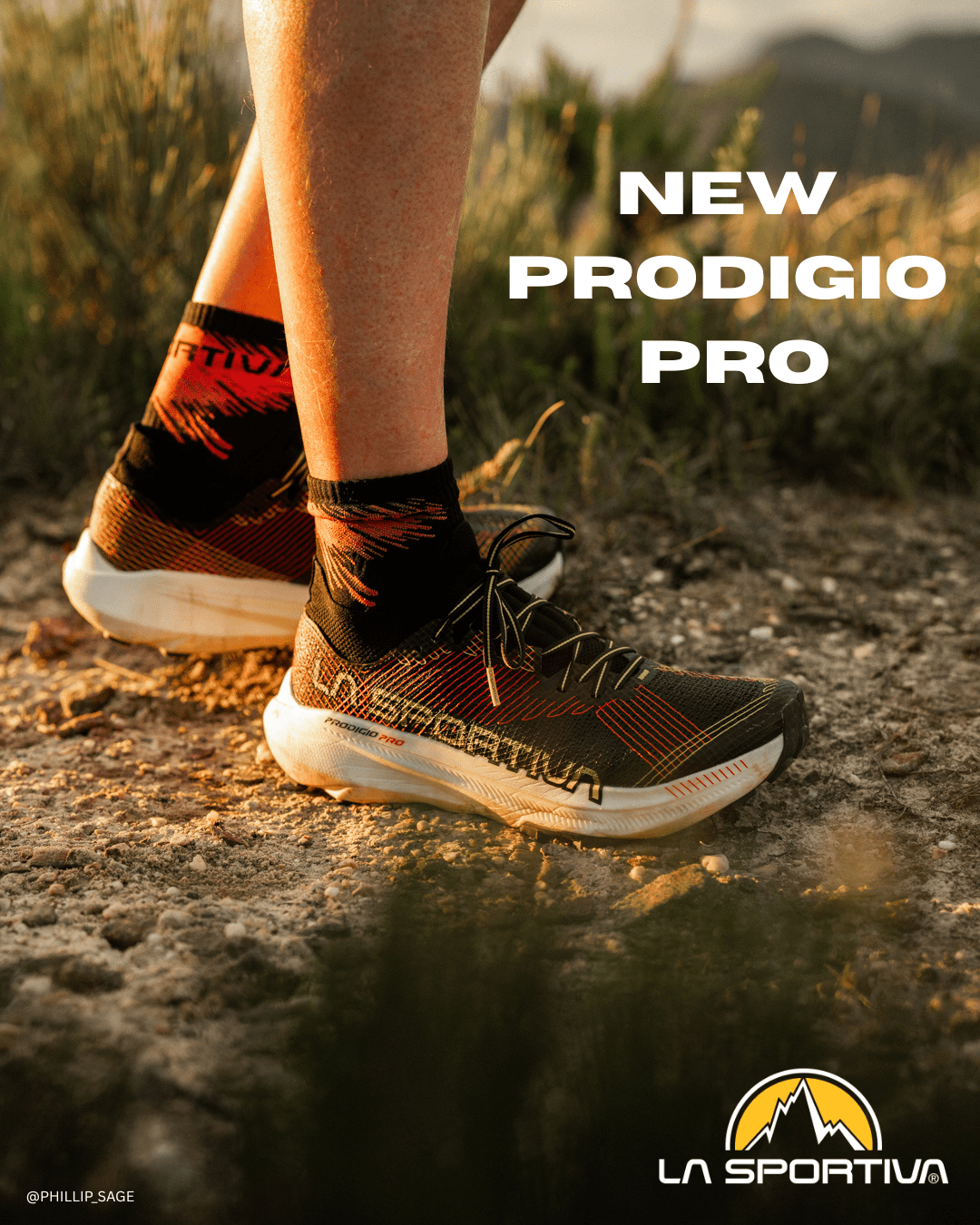 Person wearing LA Sportiva Pro shoes on a trail with 'New Prodigio Pro' text.