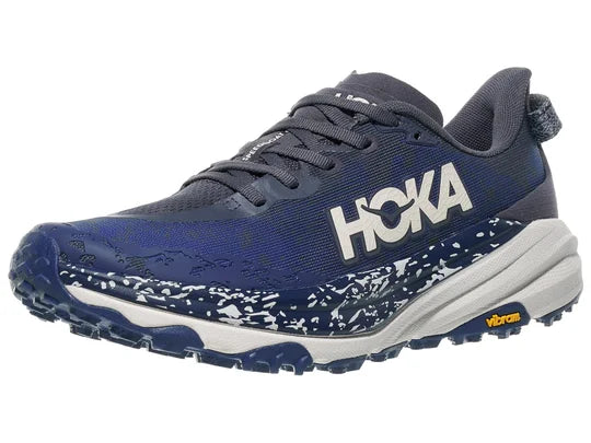 Blue running shoe with white sole and 'Hoka' branding on a white background
