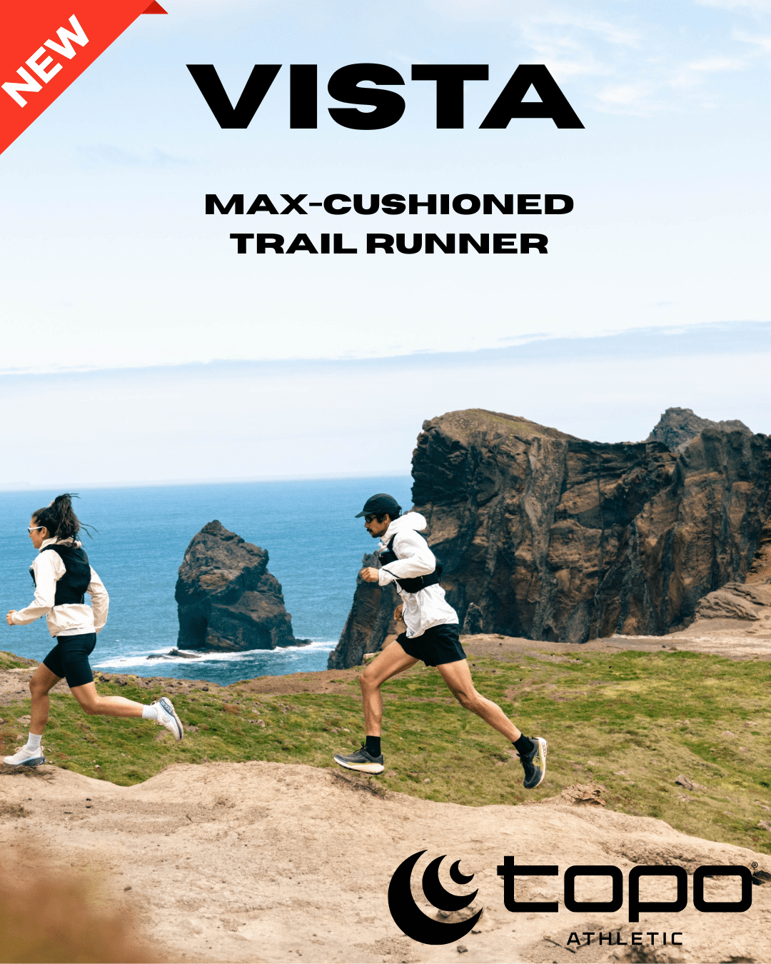 Two runners on a trail with scenic ocean view, promoting 'Vista' max-cushioned trail runner by Topo Athletic.
