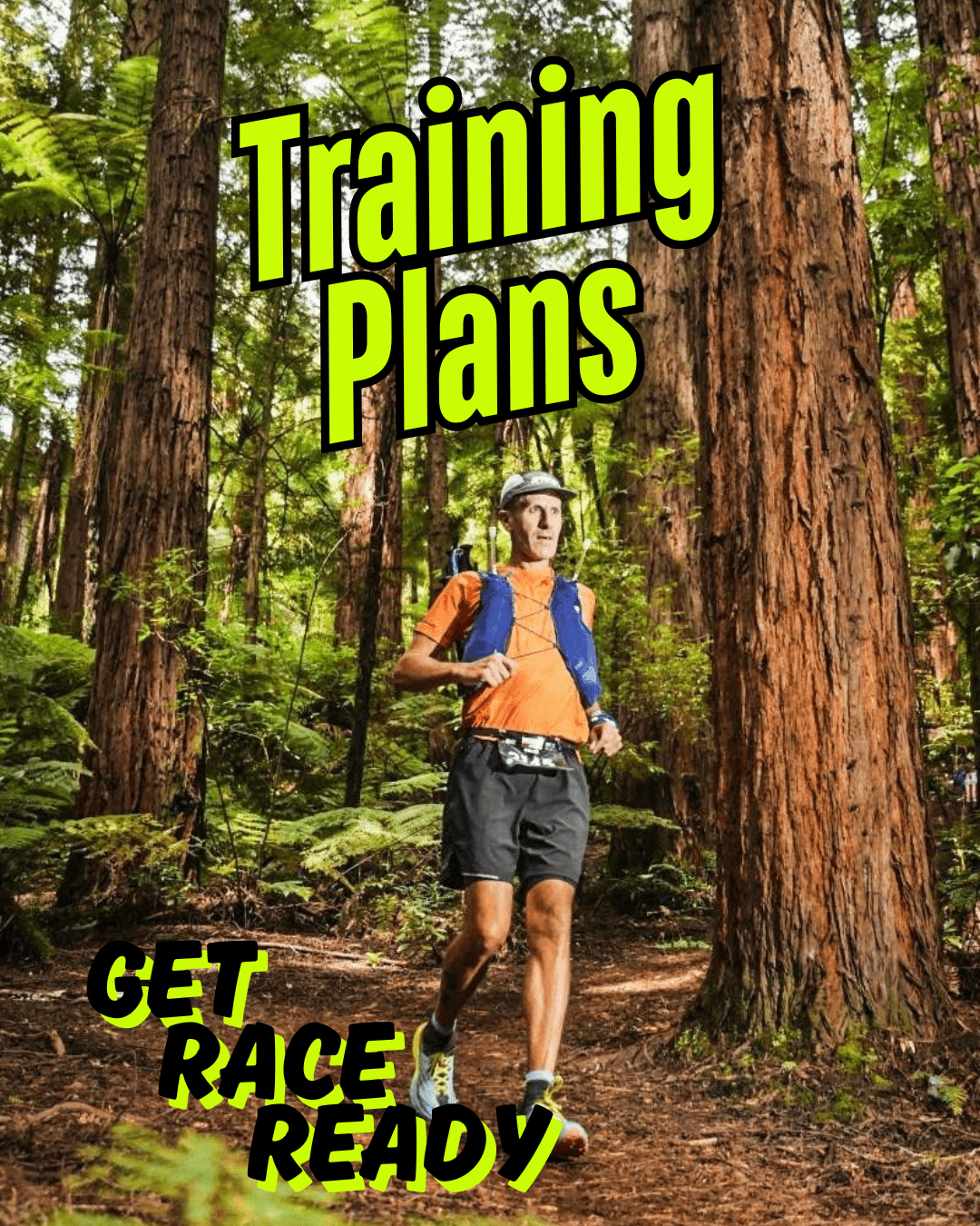 Person running through a forest with 'Training Plans' text overlay