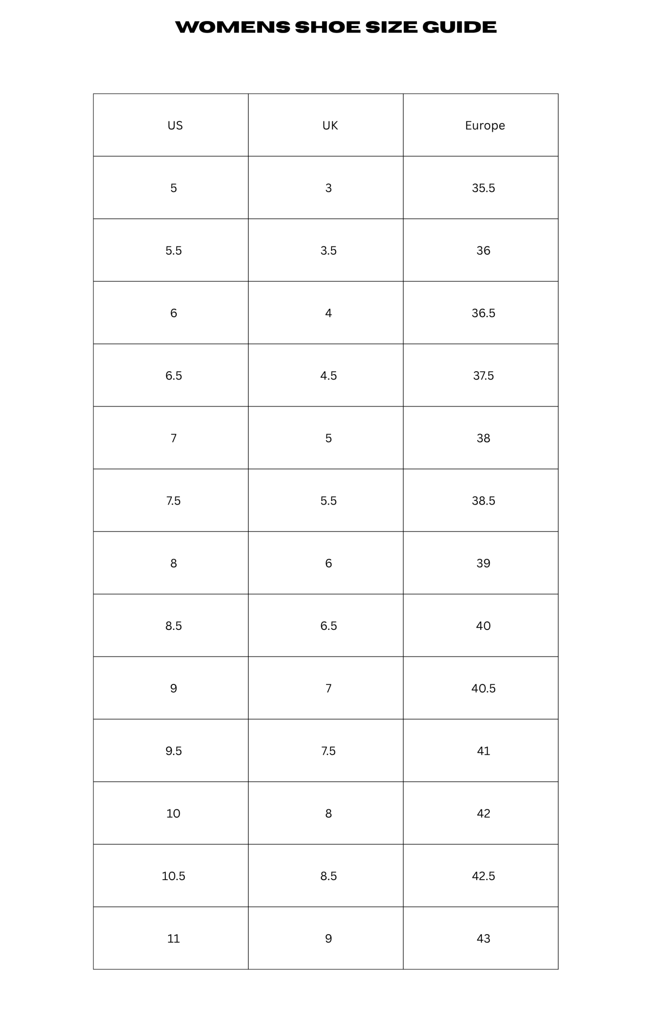 Womens shoe size guide comparing US, UK, and European sizes.