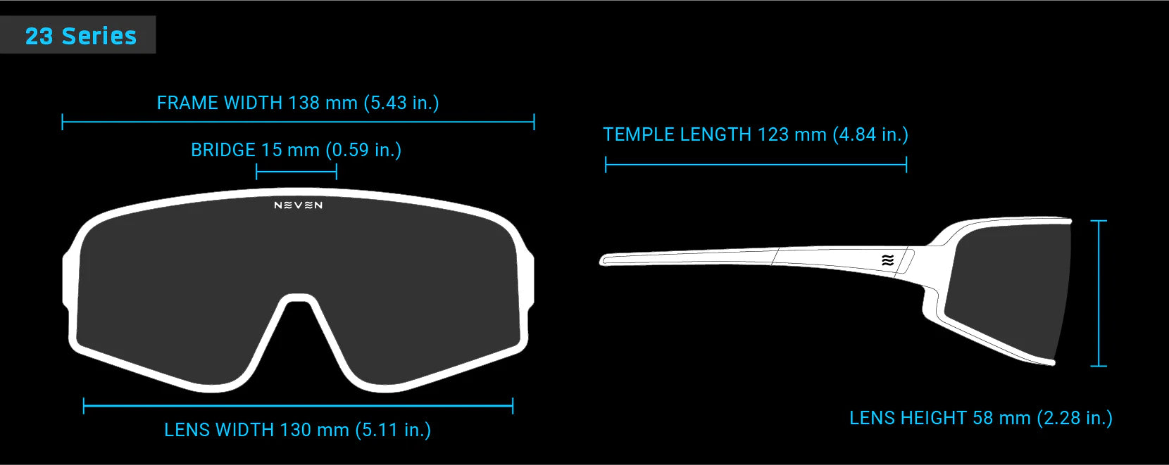Neven 23 Technical diagram of a pair of sunglasses with measurements on a black background