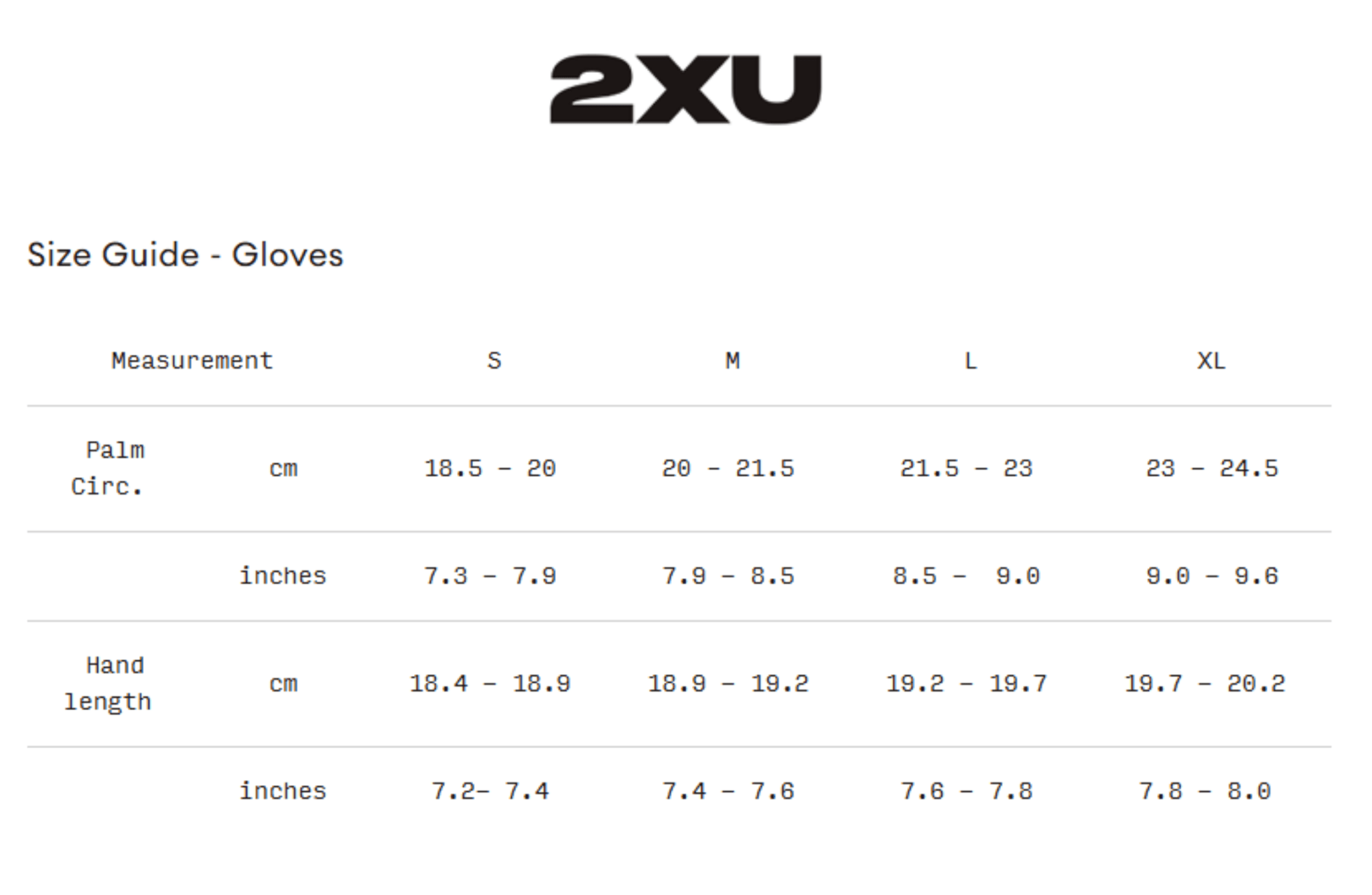 2XU size guide for gloves with measurement chart on a white background