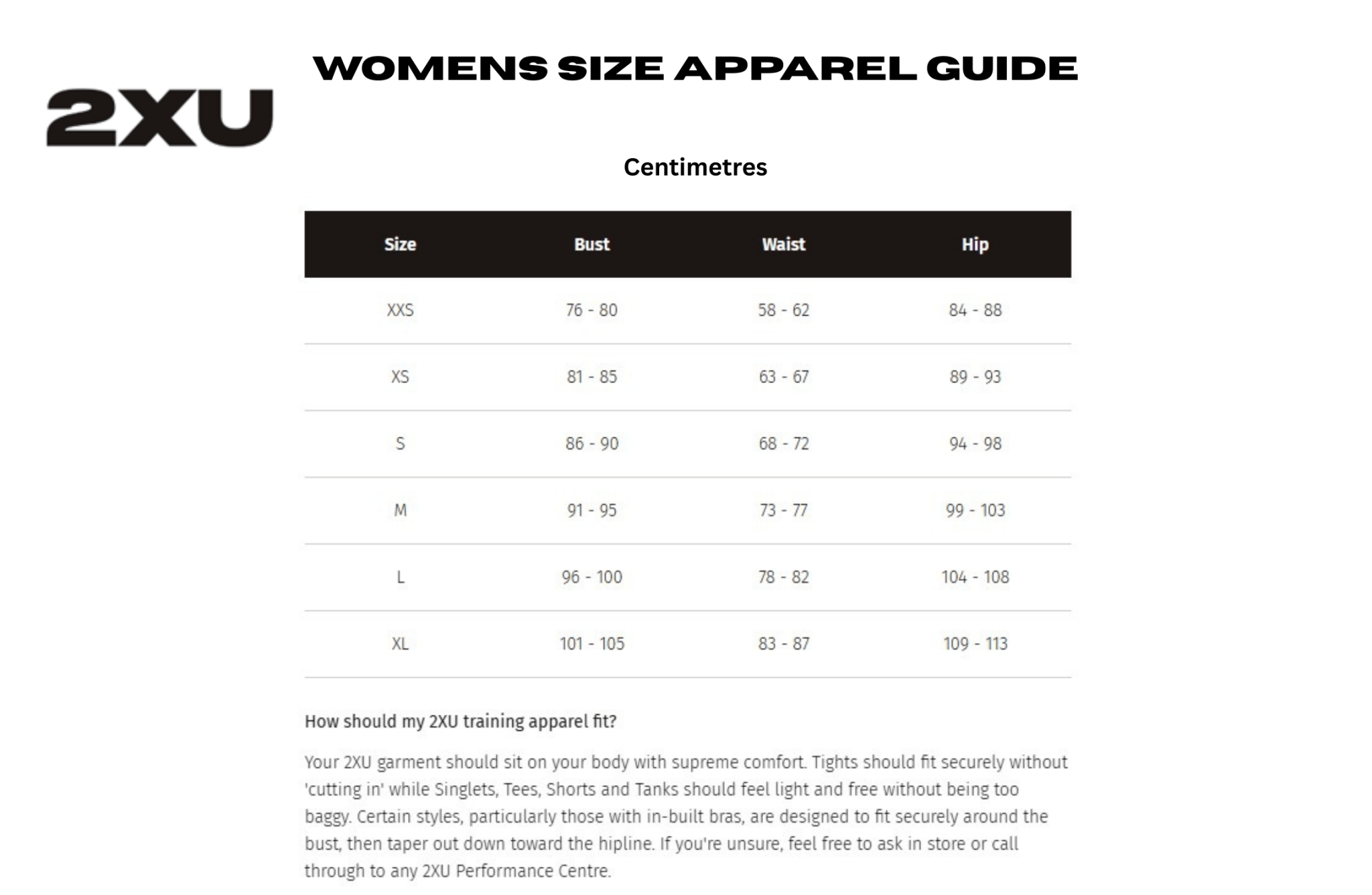 2XU women's size apparel guide with measurements on a white background