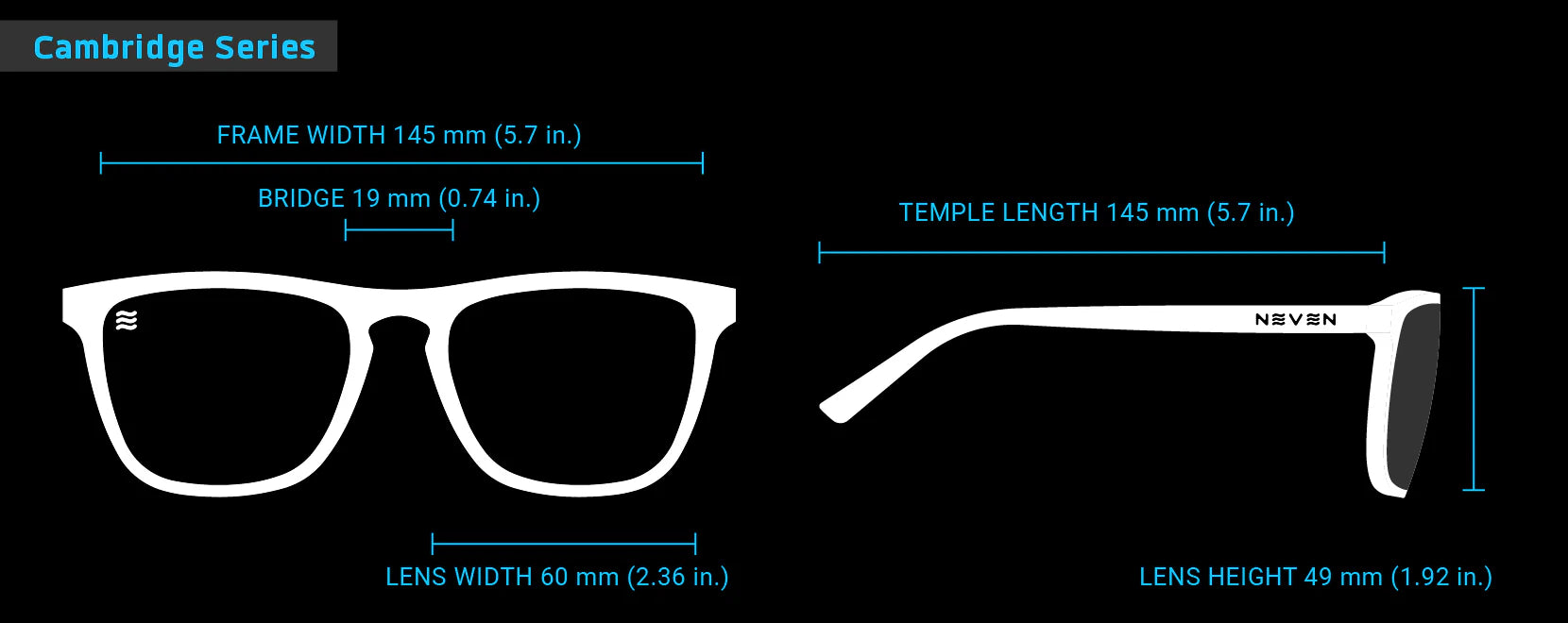 Neven Cambridge Measurement chart of eyeglasses with labeled dimensions on a black background