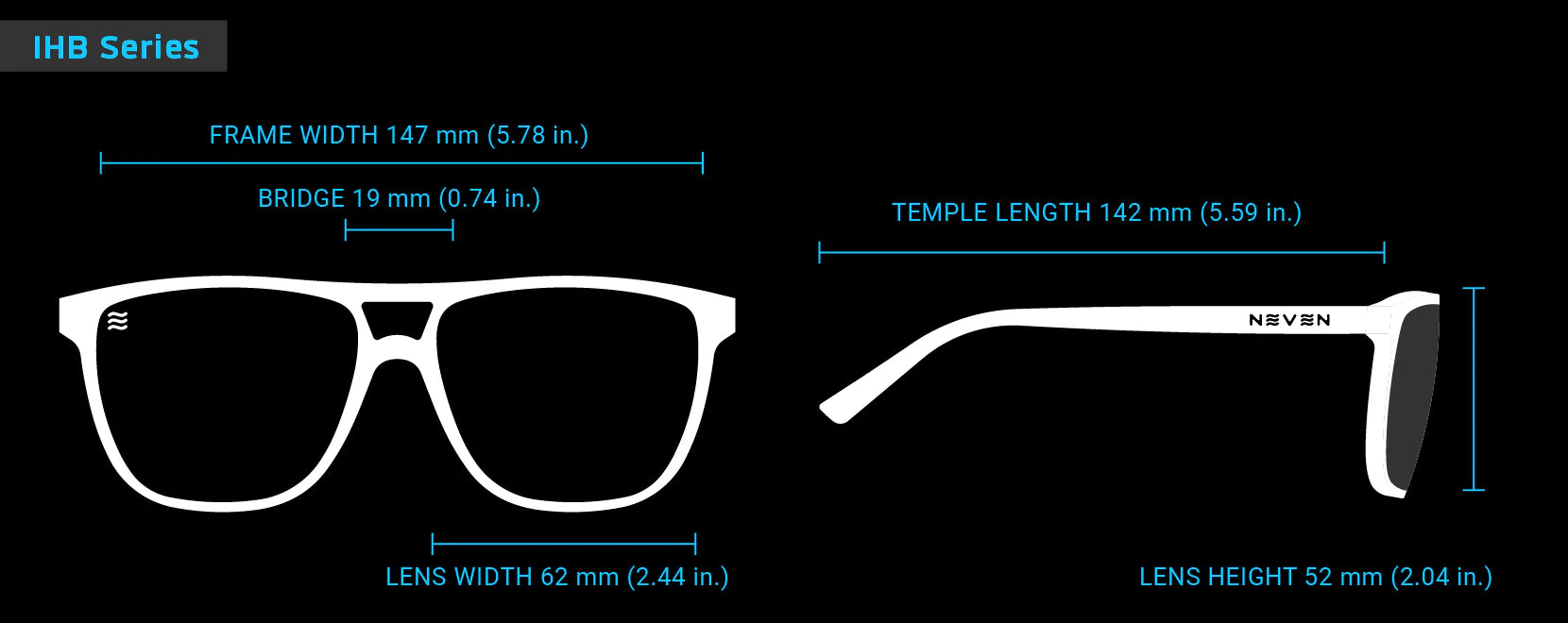 Neven IHB Technical drawing of a pair of glasses with labeled dimensions on a black background