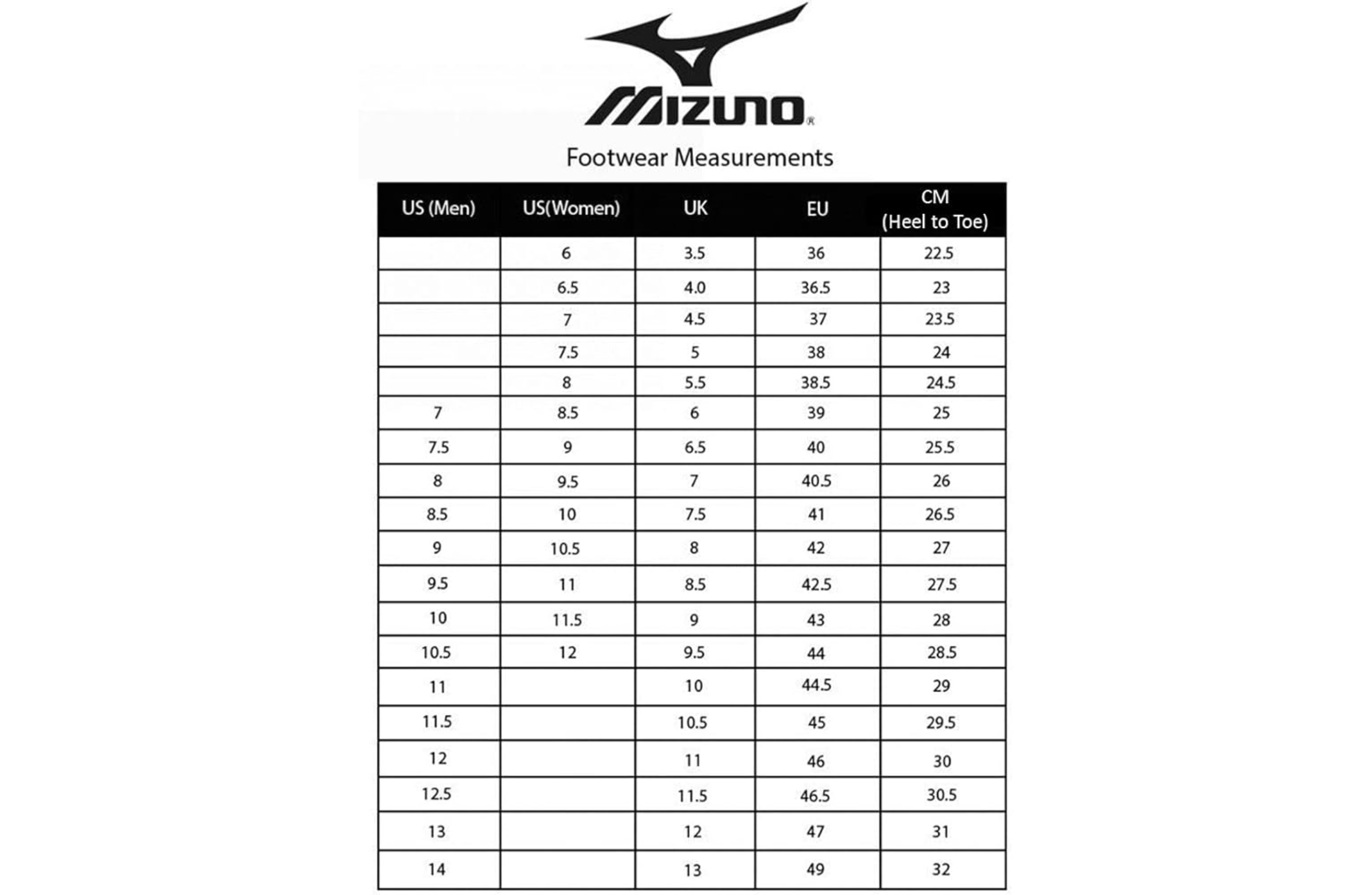 Mizuno footwear size chart on a white background