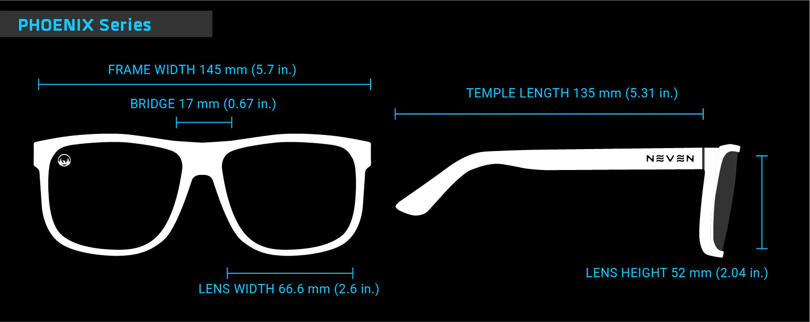 Neven Phoenix Schematic of Neven sunglasses with measurements on a black background