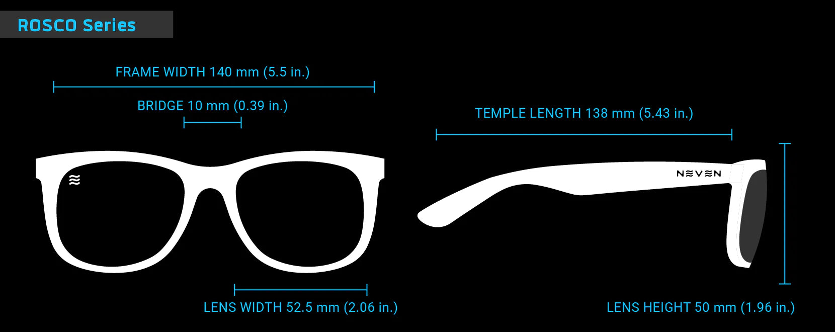 Neven Rosco Glasses with labeled dimensions on a black background