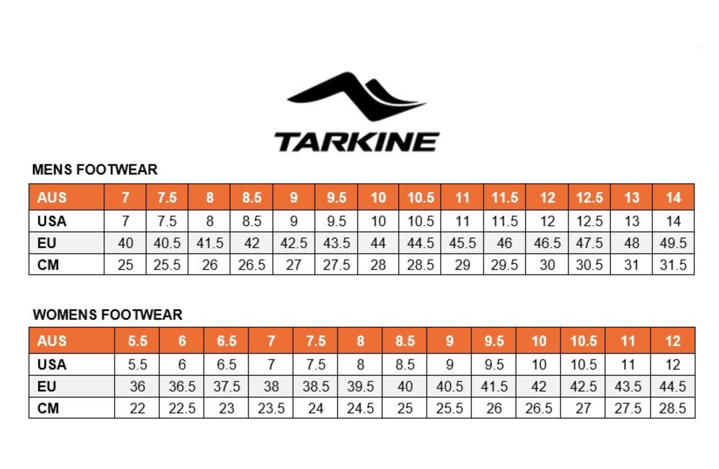 Tarkine men's and women's footwear size chart on a white background