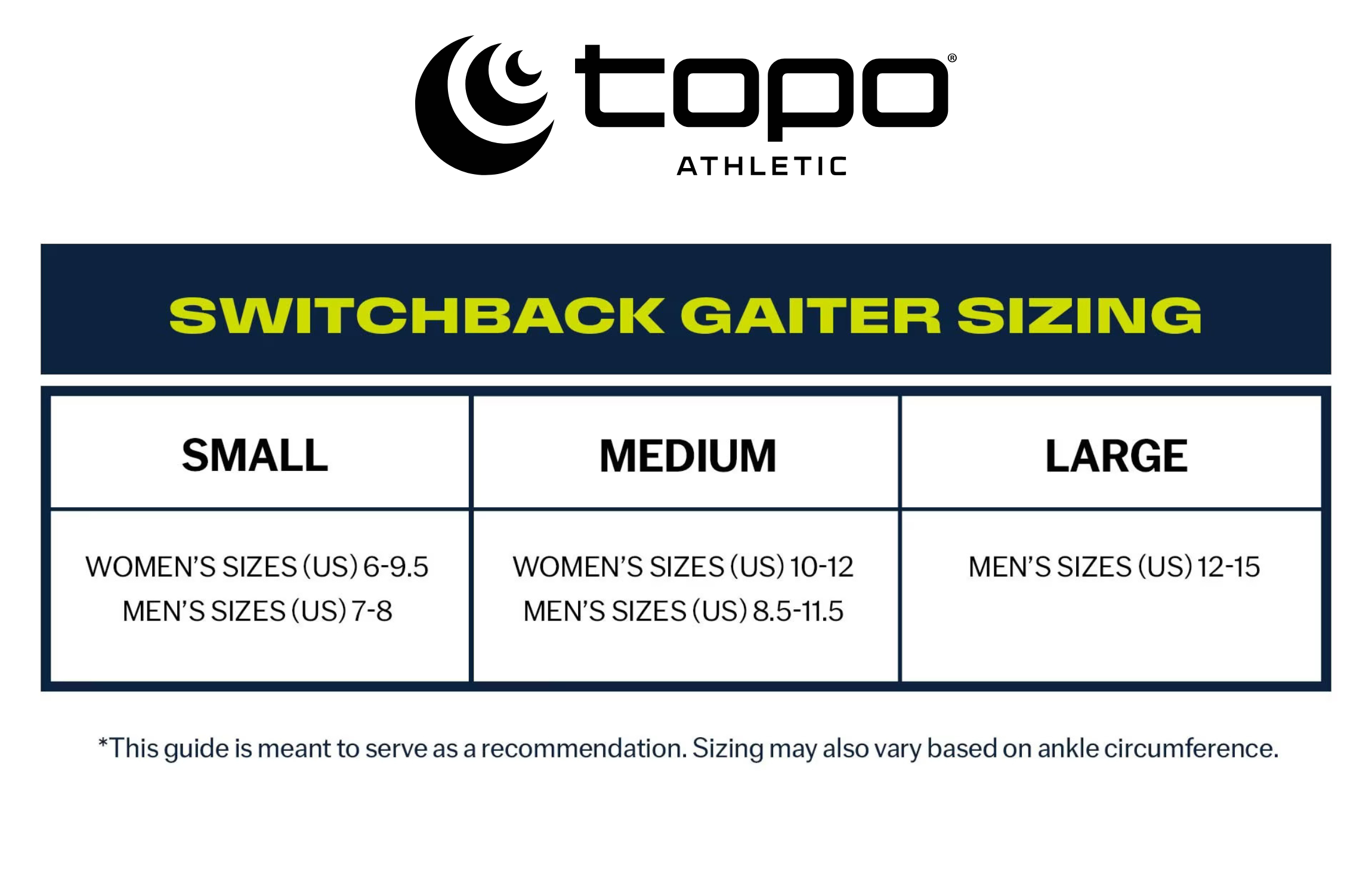 Topo Athletic switchback gaiter sizing chart on a white background