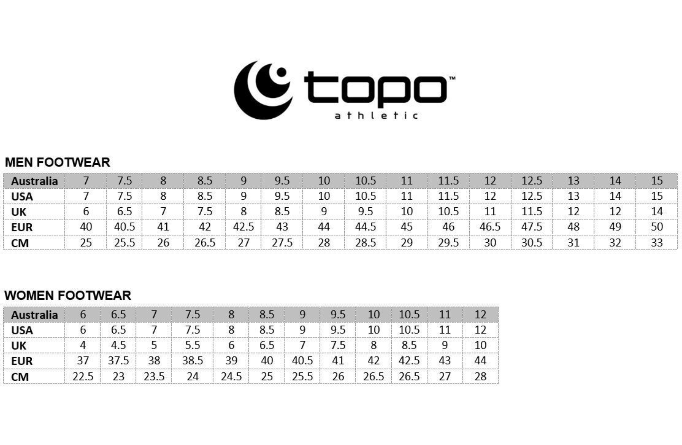 Topo Athletic shoe size chart on a white background