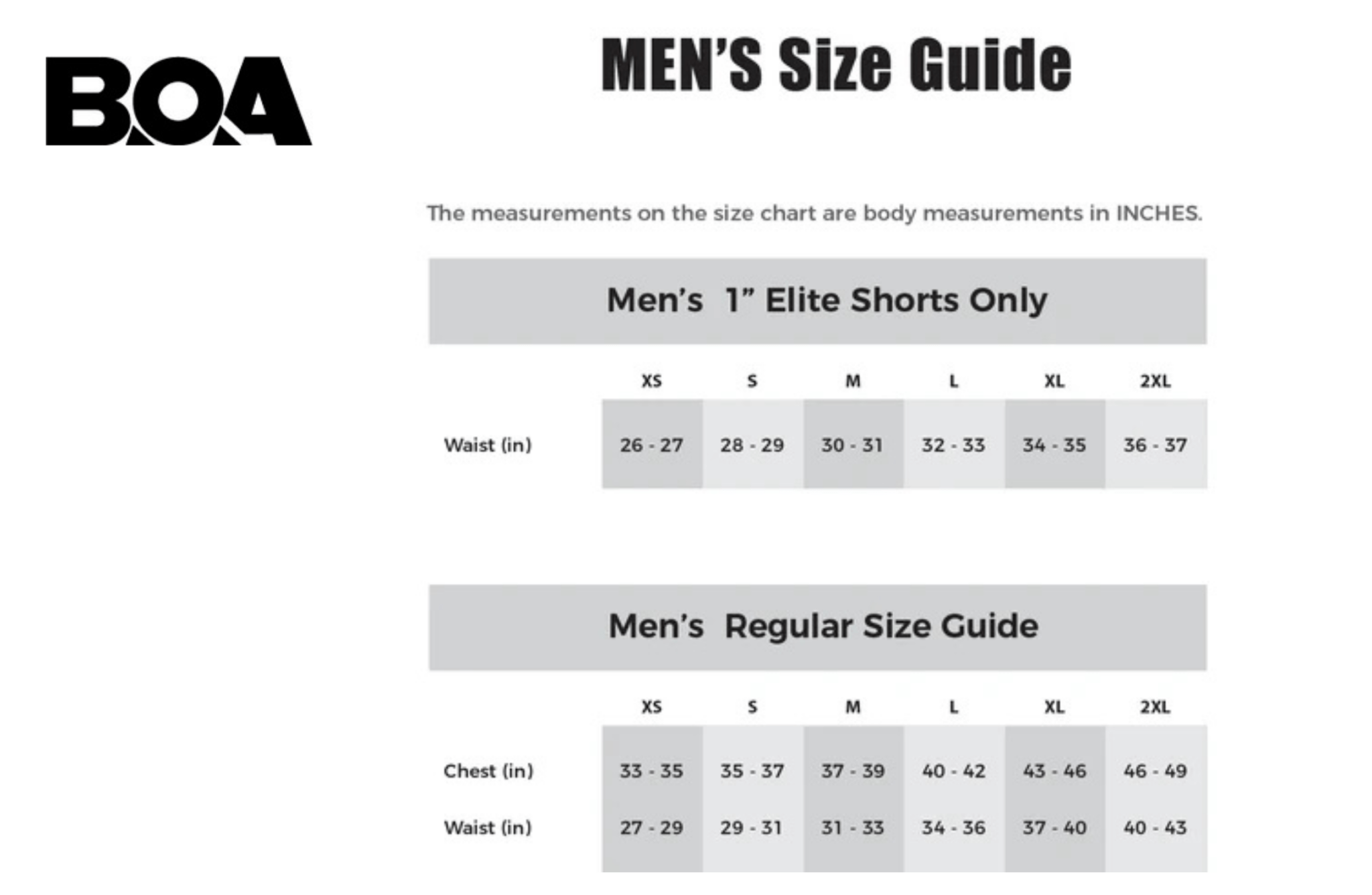 BOA men's size guide for shorts and regular fit clothing on a white background