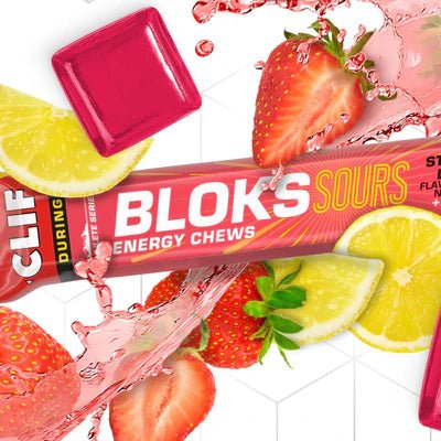 CLIF BLOKS ENERGY CHEWS Sour Strawberry Lemonade with Caffeine - Run Trails