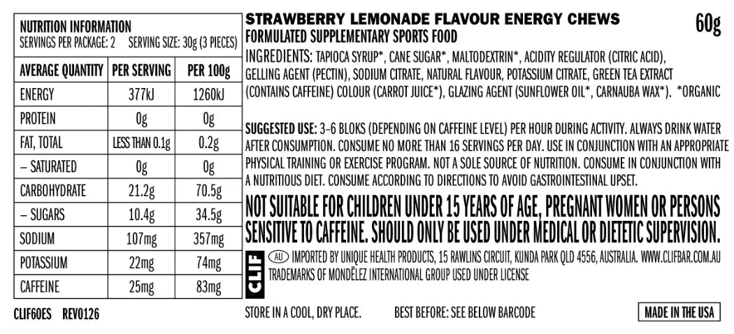 CLIF BLOKS ENERGY CHEWS Sour Strawberry Lemonade with Caffeine - Run Trails