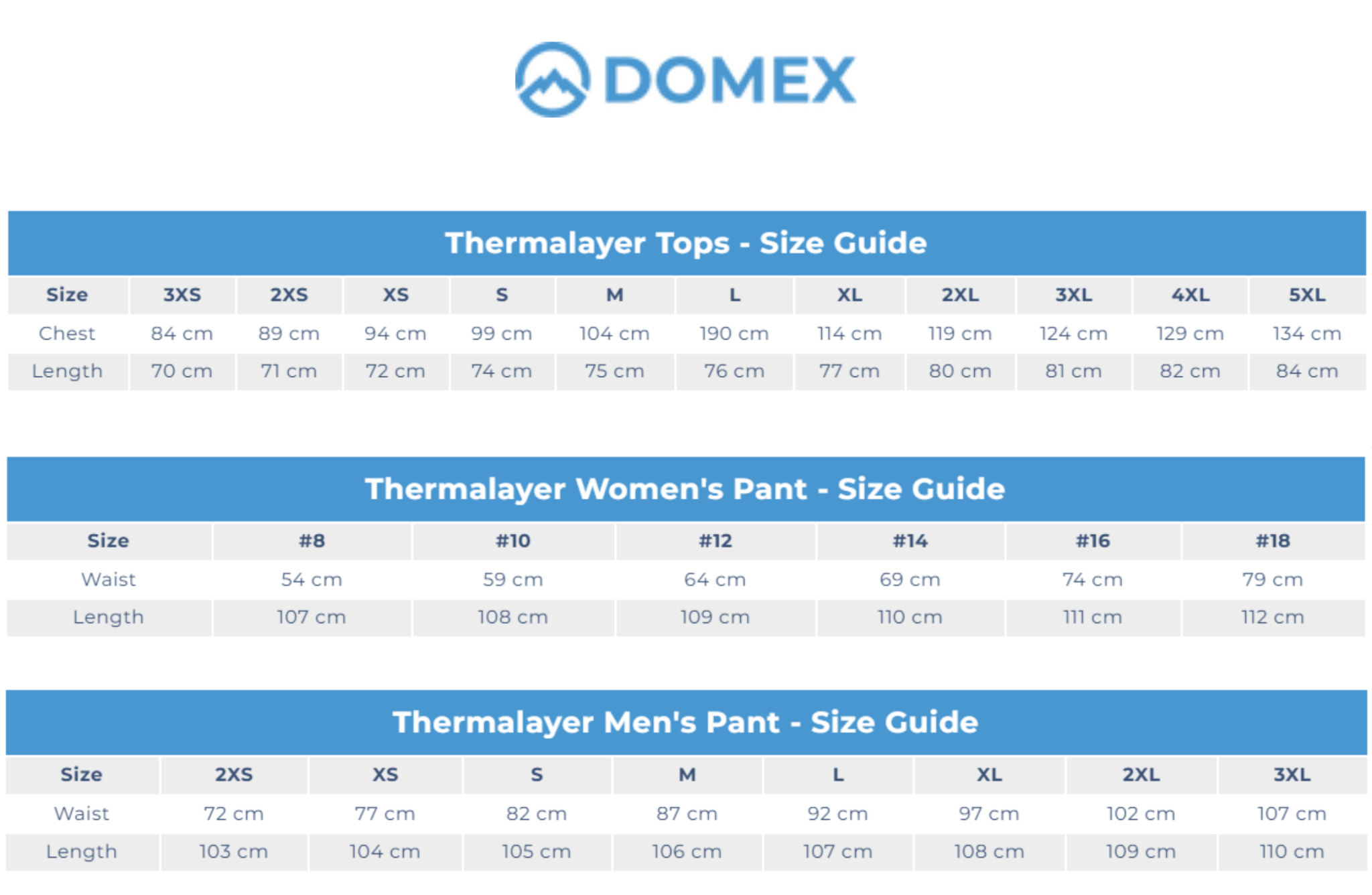 DOMEX size guide for thermal layer tops and pants