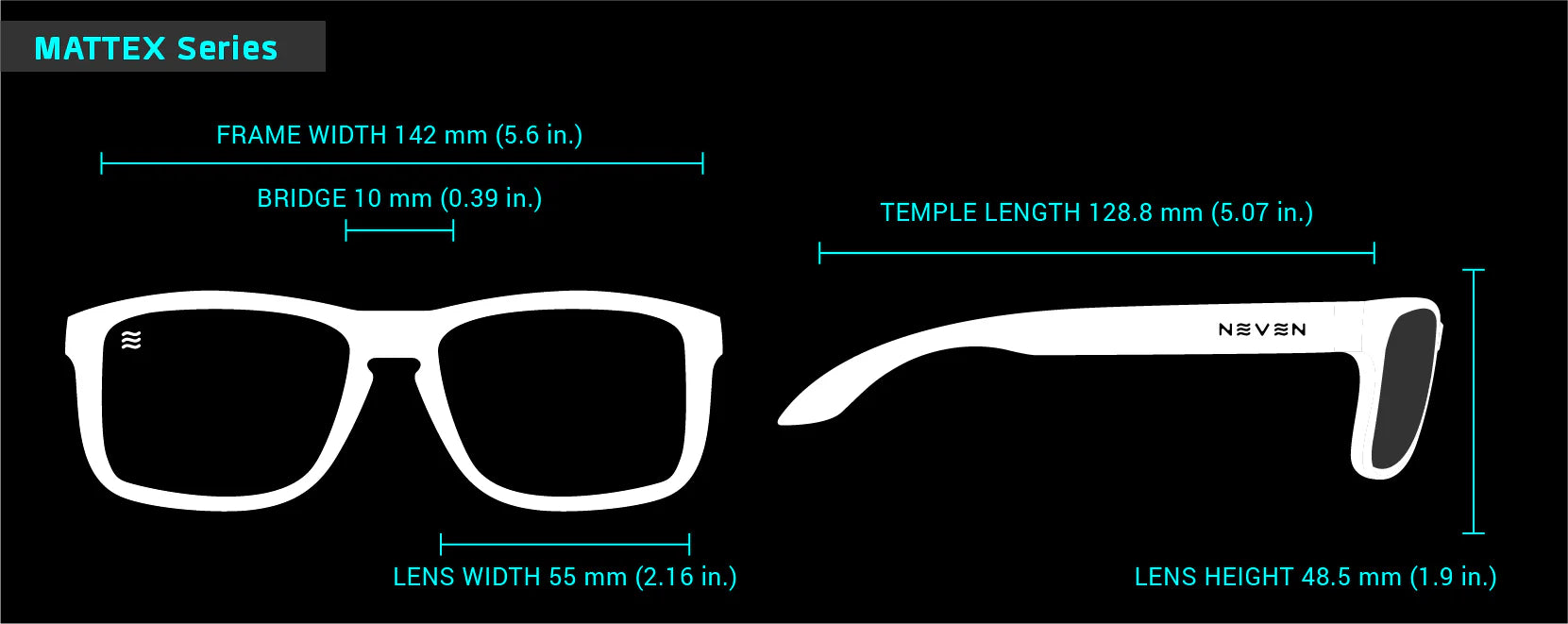 Neven mattex Glasses with labeled measurements on a black background