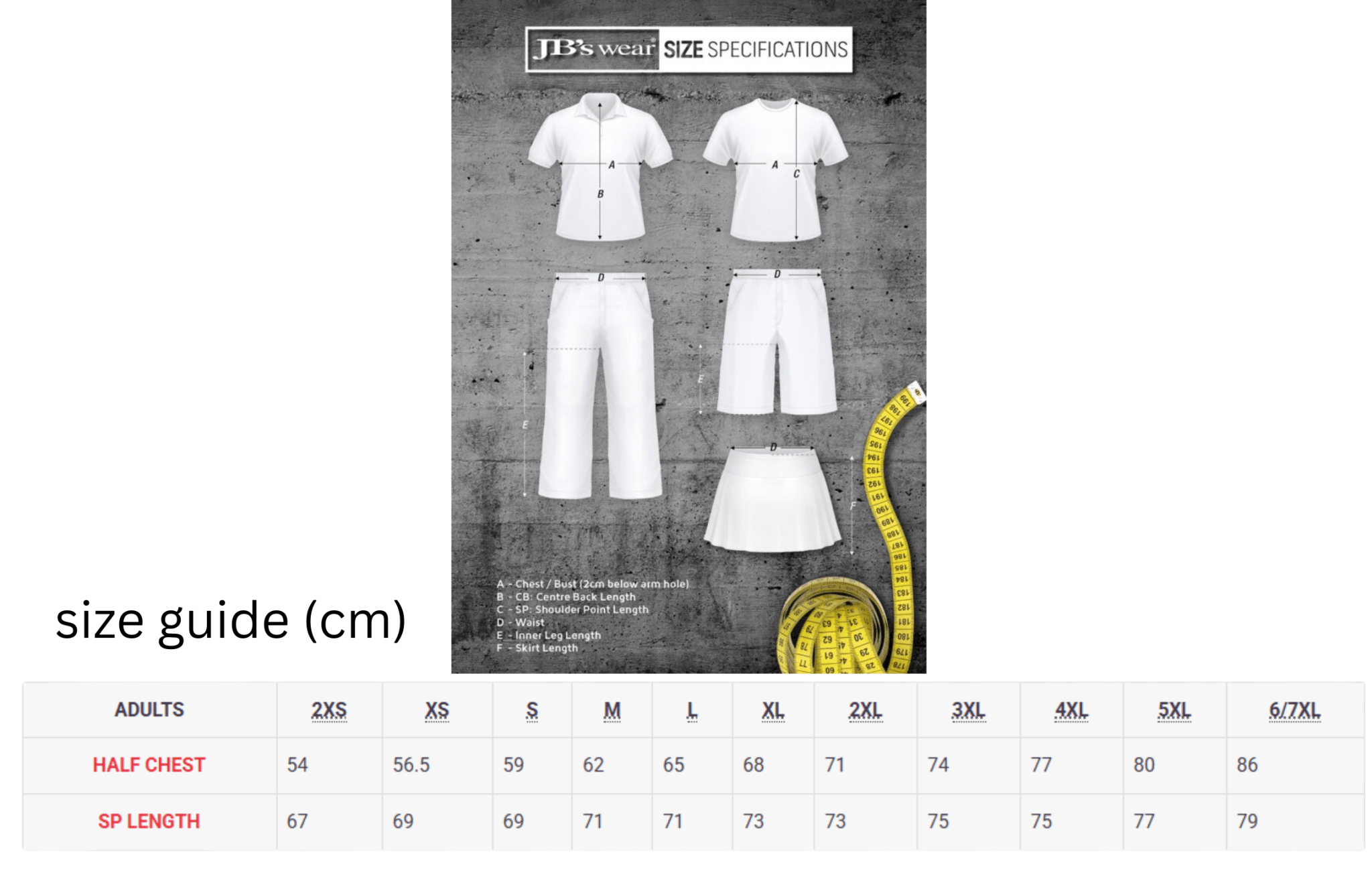 Size guide for clothing with measurements in centimeters