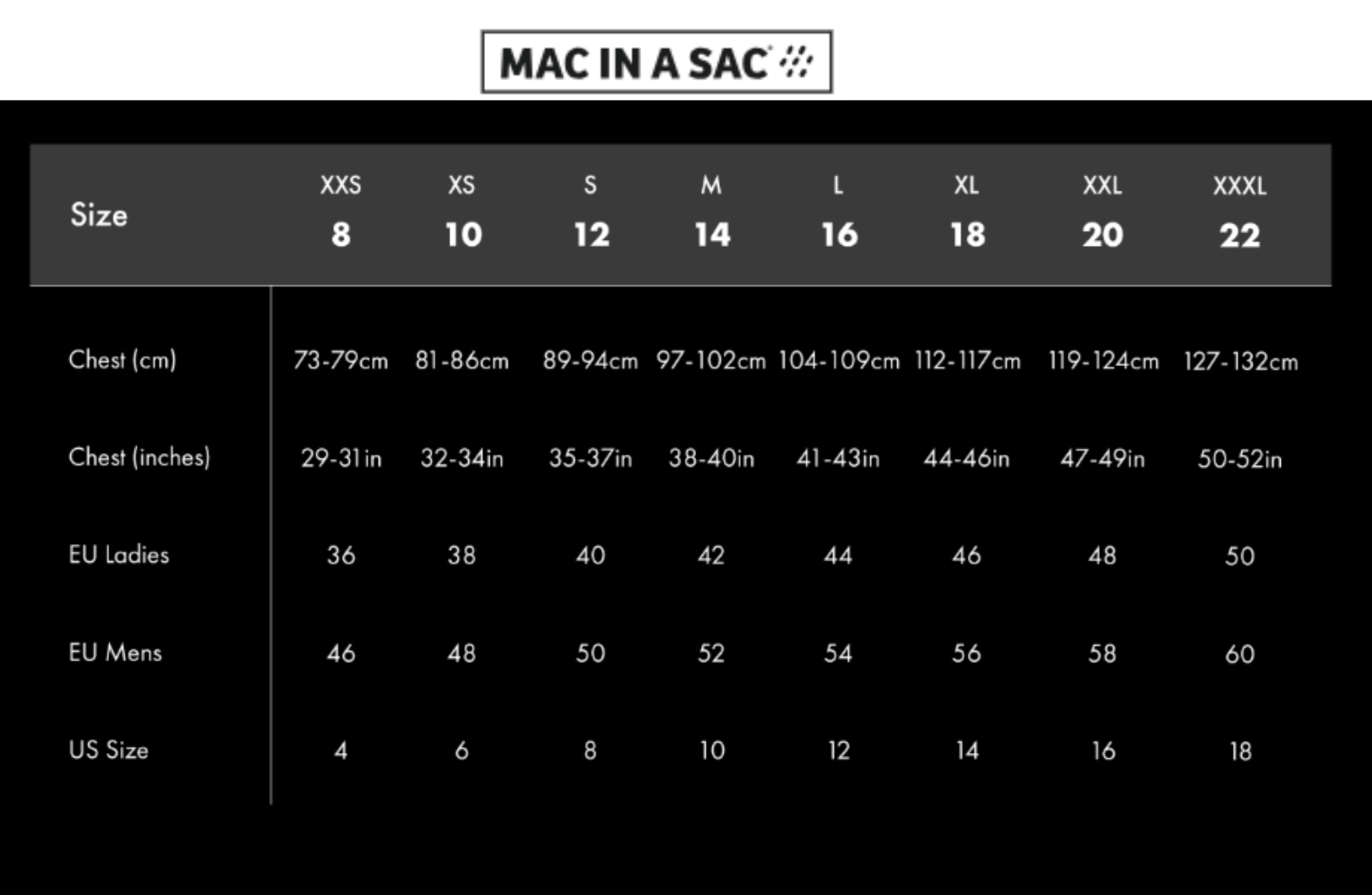Size chart for clothing with MAC IN A SAC branding on a black background