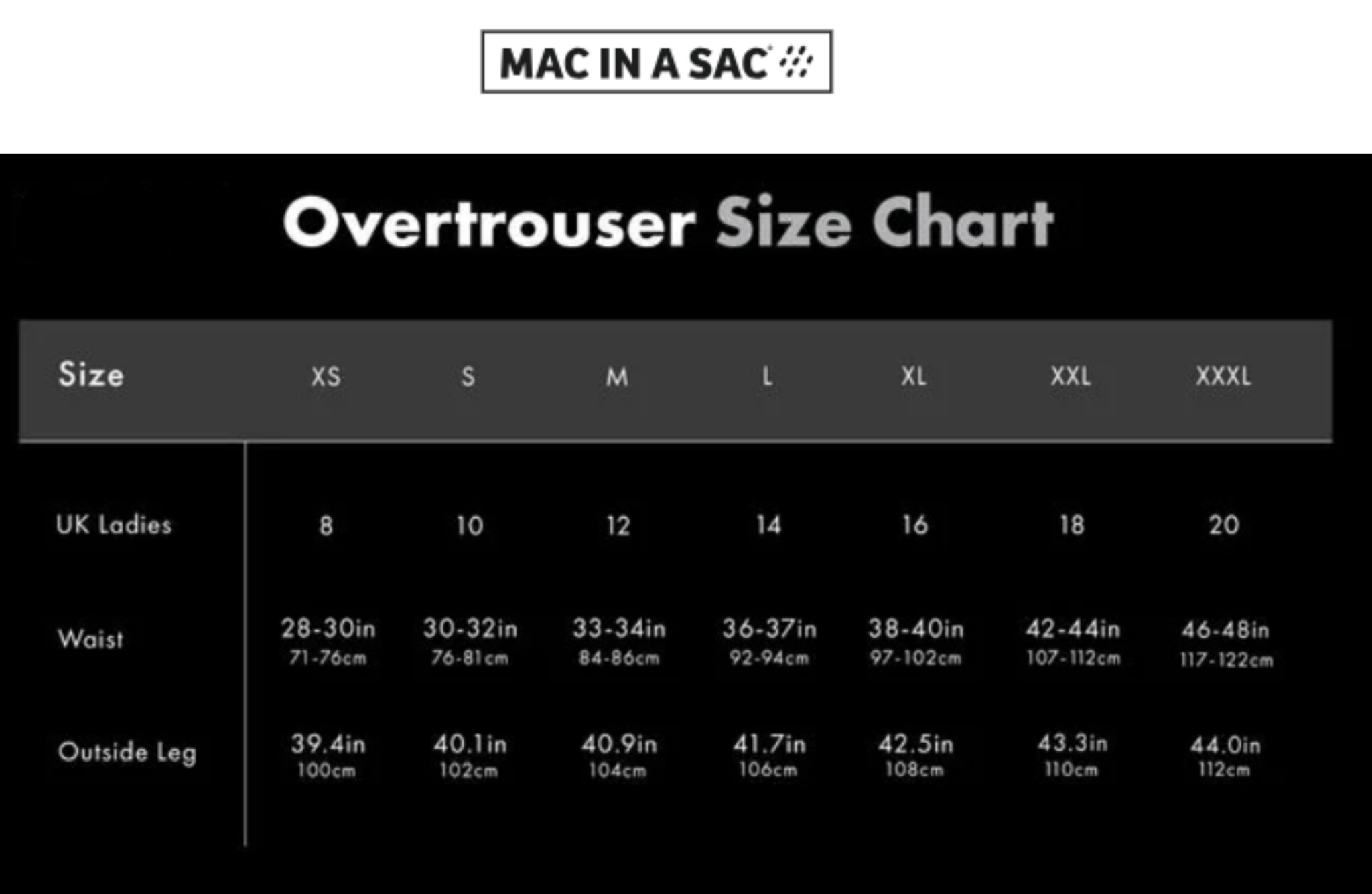 Overtrouser size chart for UK ladies with MAC IN A SAC branding.