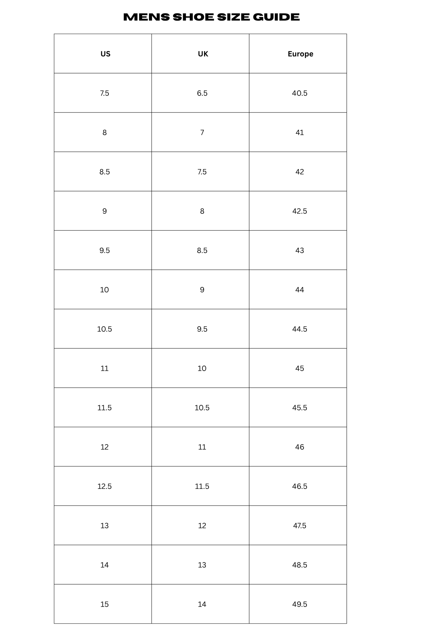 Mens shoe size guide with US, UK, and European measurements.