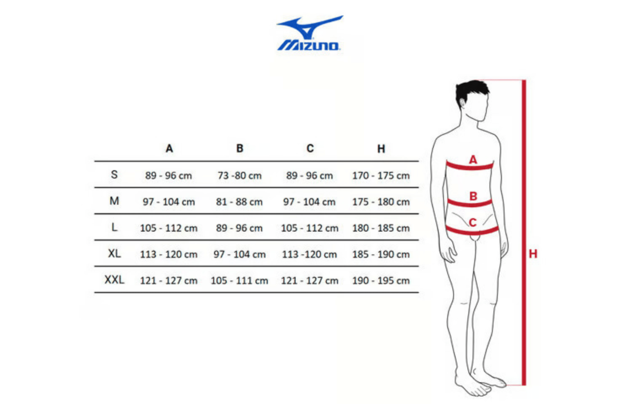 Mizuno size chart for men's underwear with measurements and a standing figure.