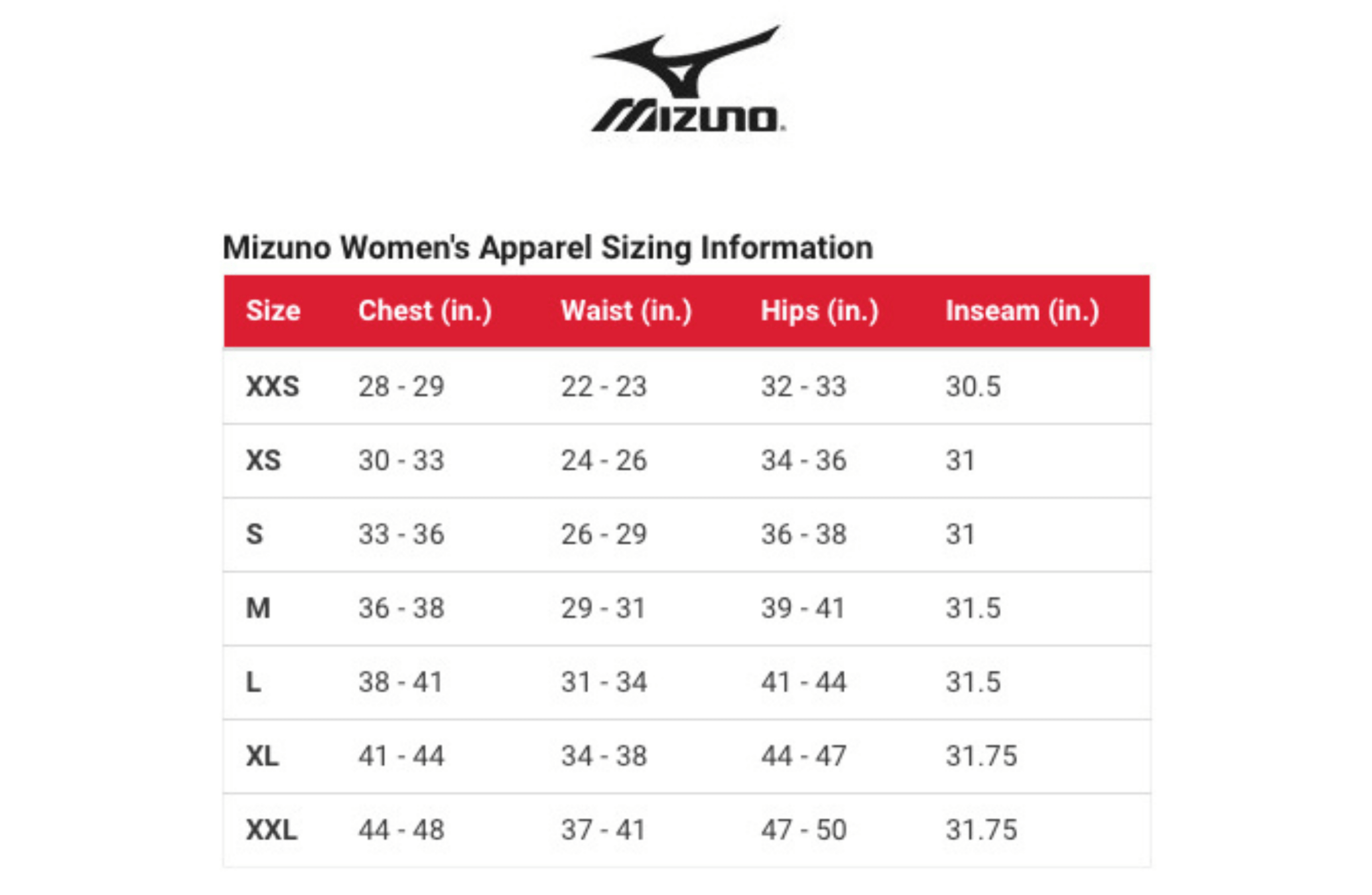 Mizuno women's apparel sizing information chart on a white background