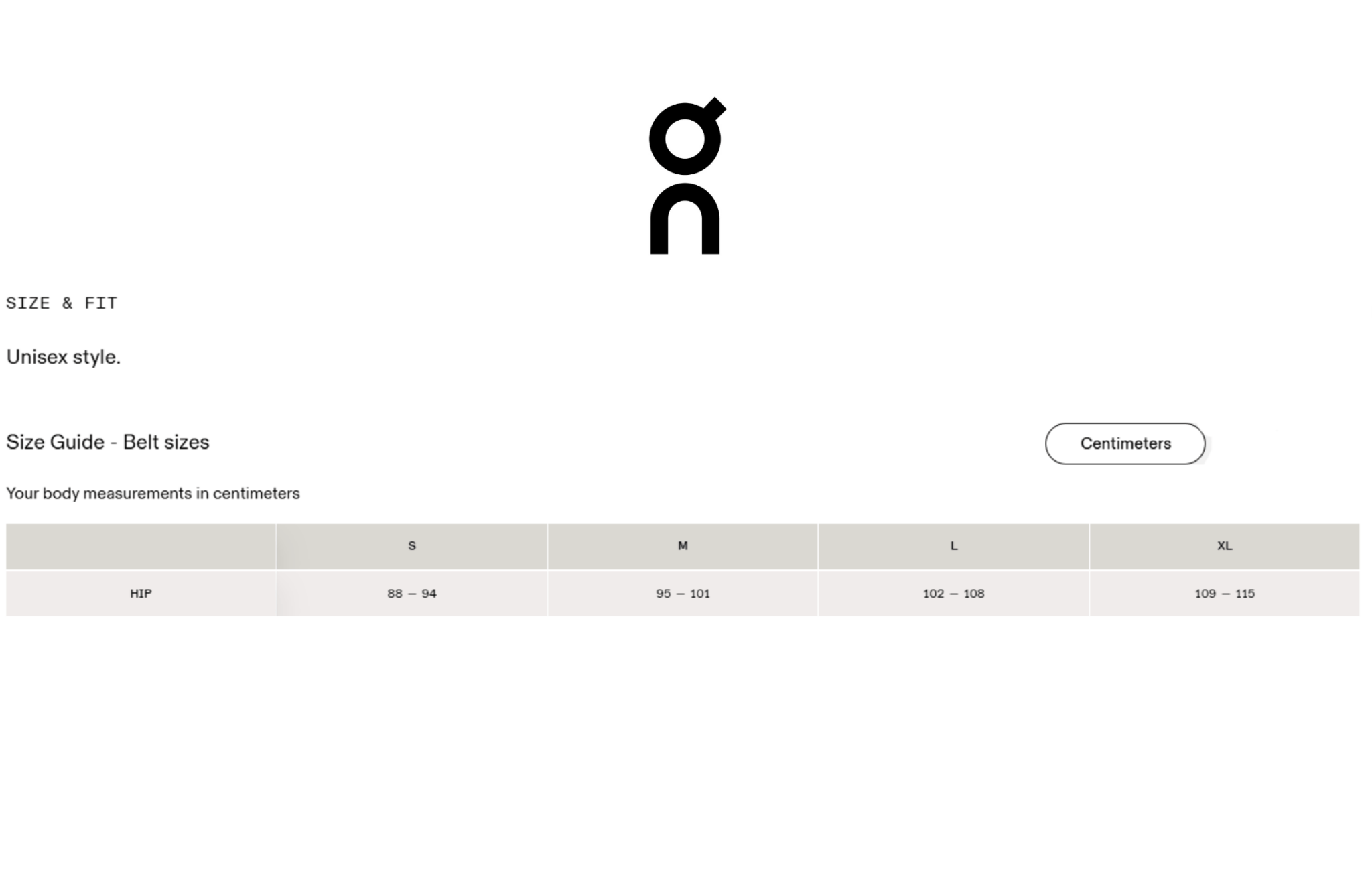 Size guide for belt sizes with a brand On  Running logo on a white background