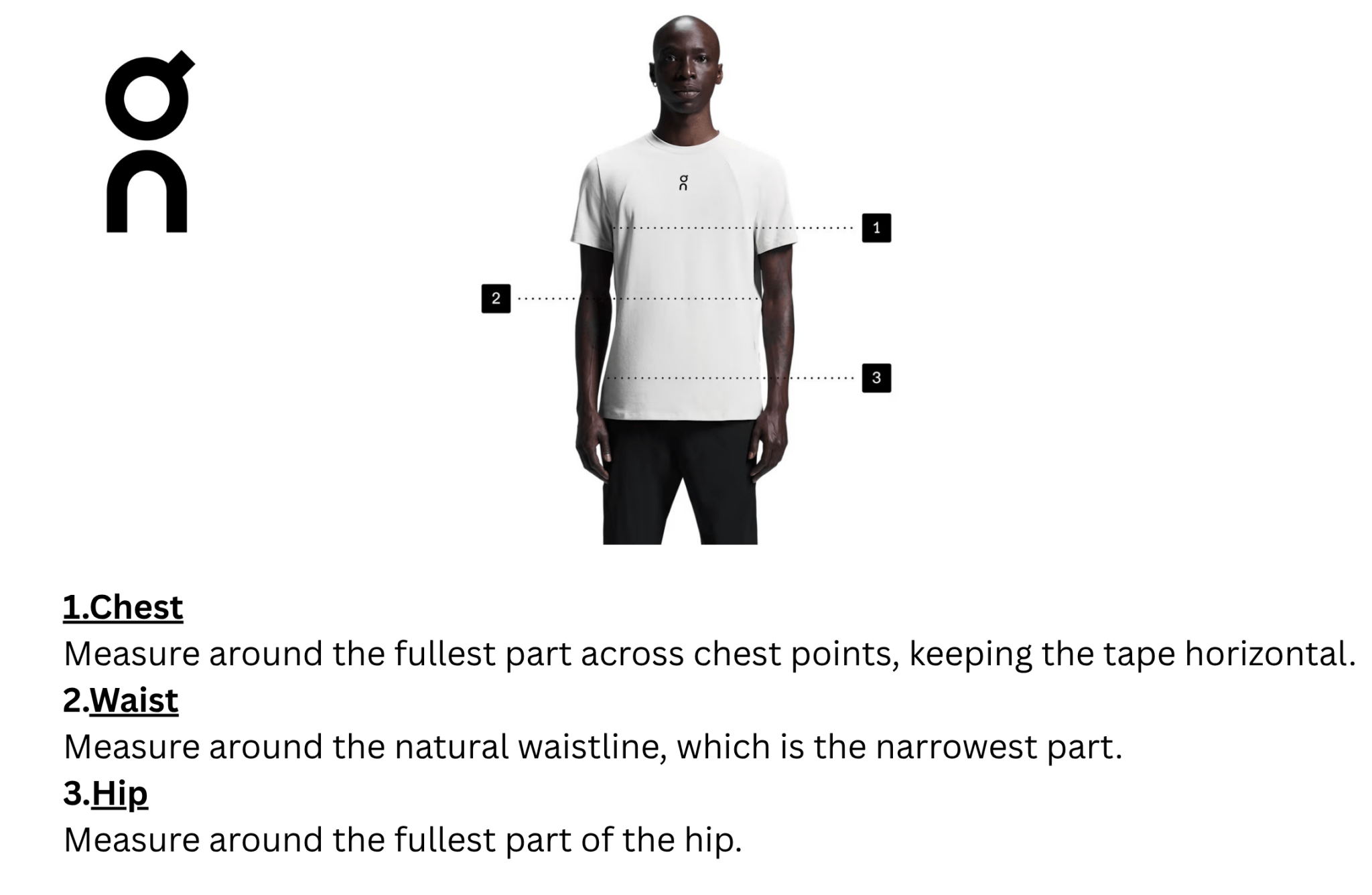 on running Person wearing a white t-shirt with measurement points labeled on a white background