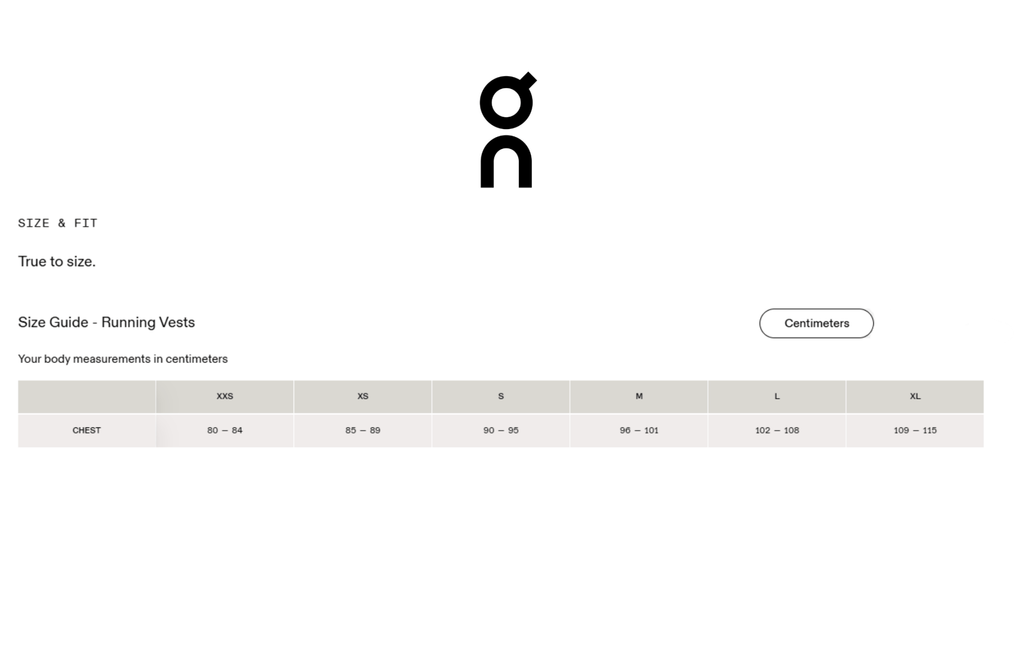 Size guide for running vests with a brand logo on a white background