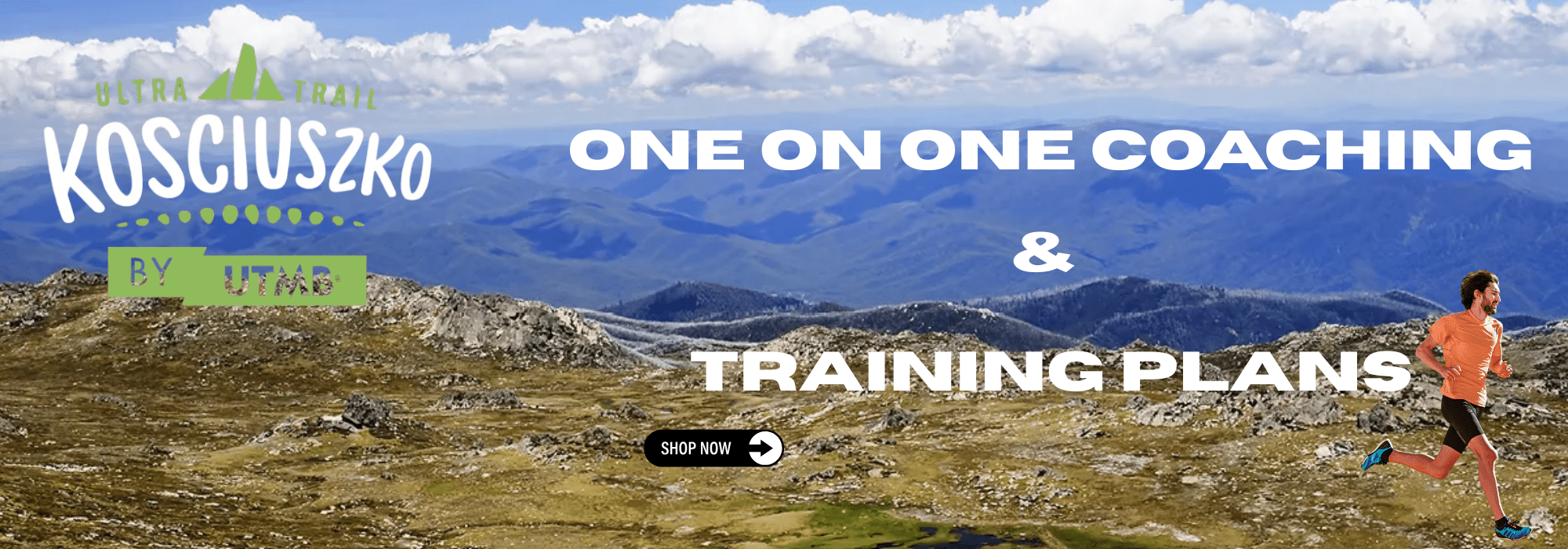 Person running on a mountain with promotional text for Kosciuszko One on One Coaching and Training Plans.