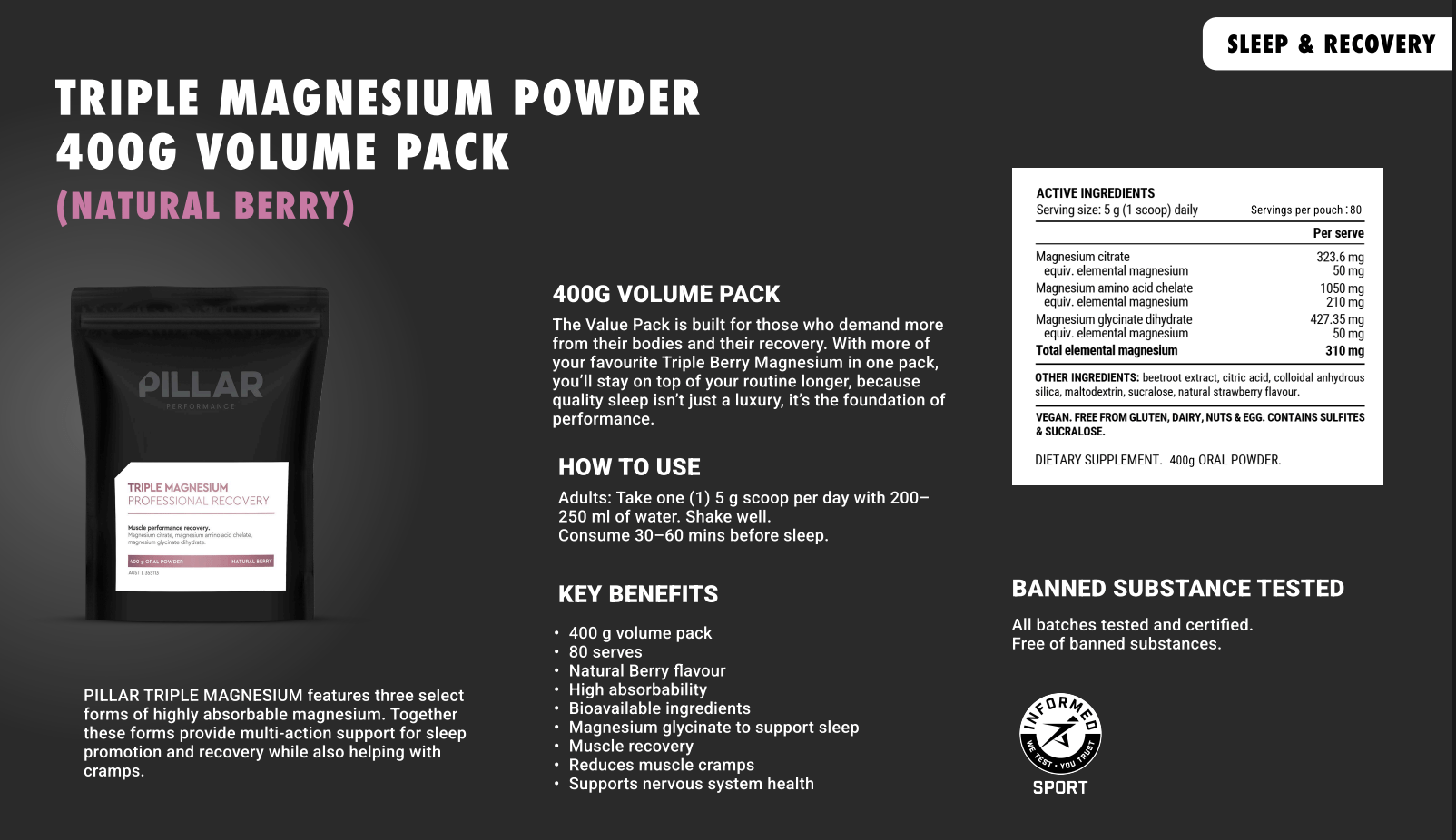 Pillar Triple Magnesium Powder - Natural Berry - Run Trails