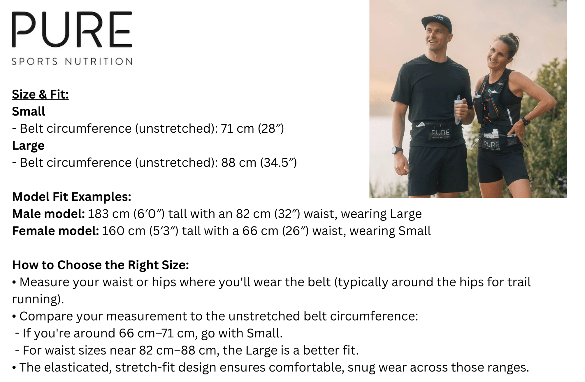 Sports nutrition belt size chart with model examples and fit guidance.