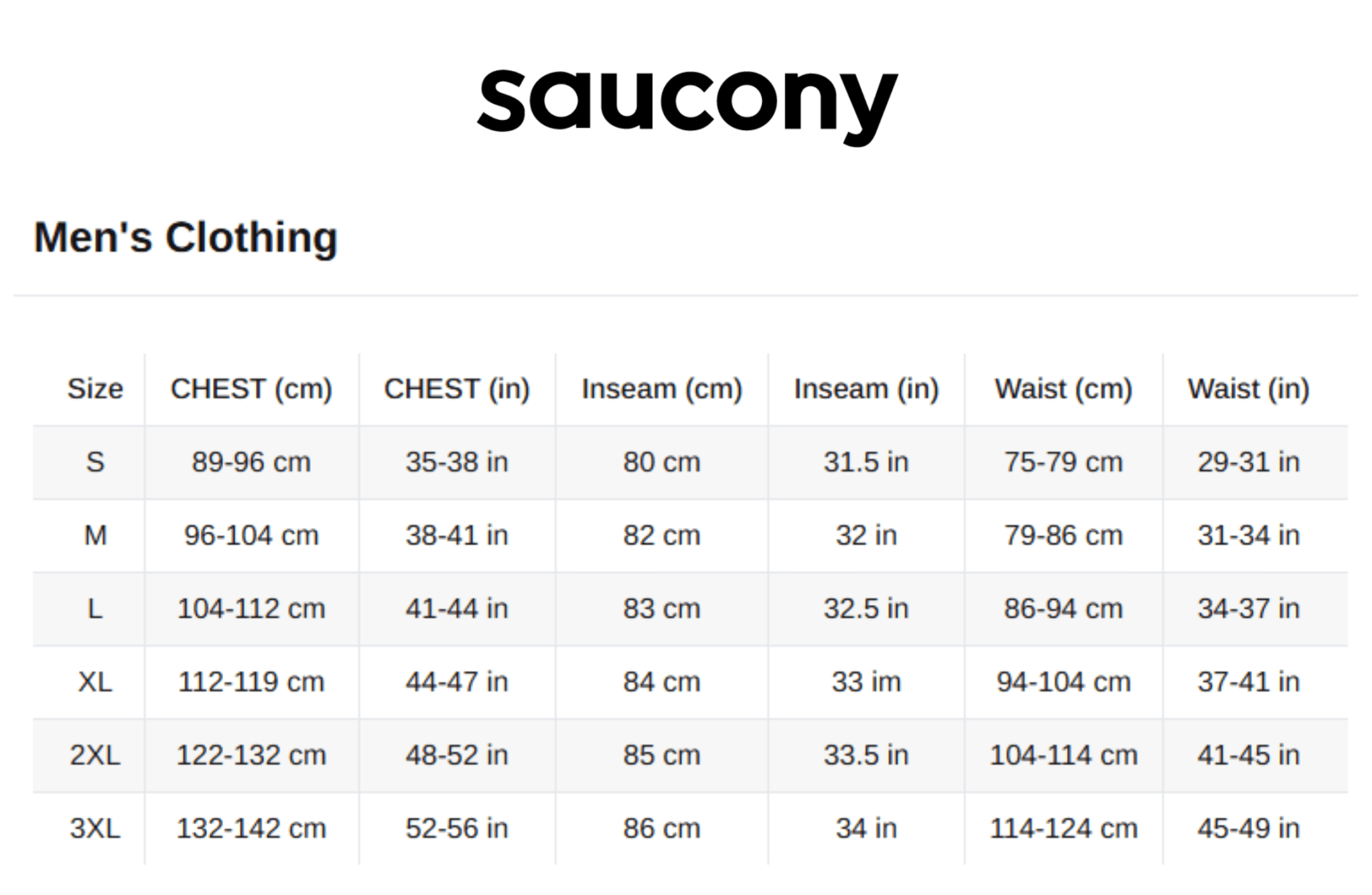 Saucony men's clothing size chart on a white background
