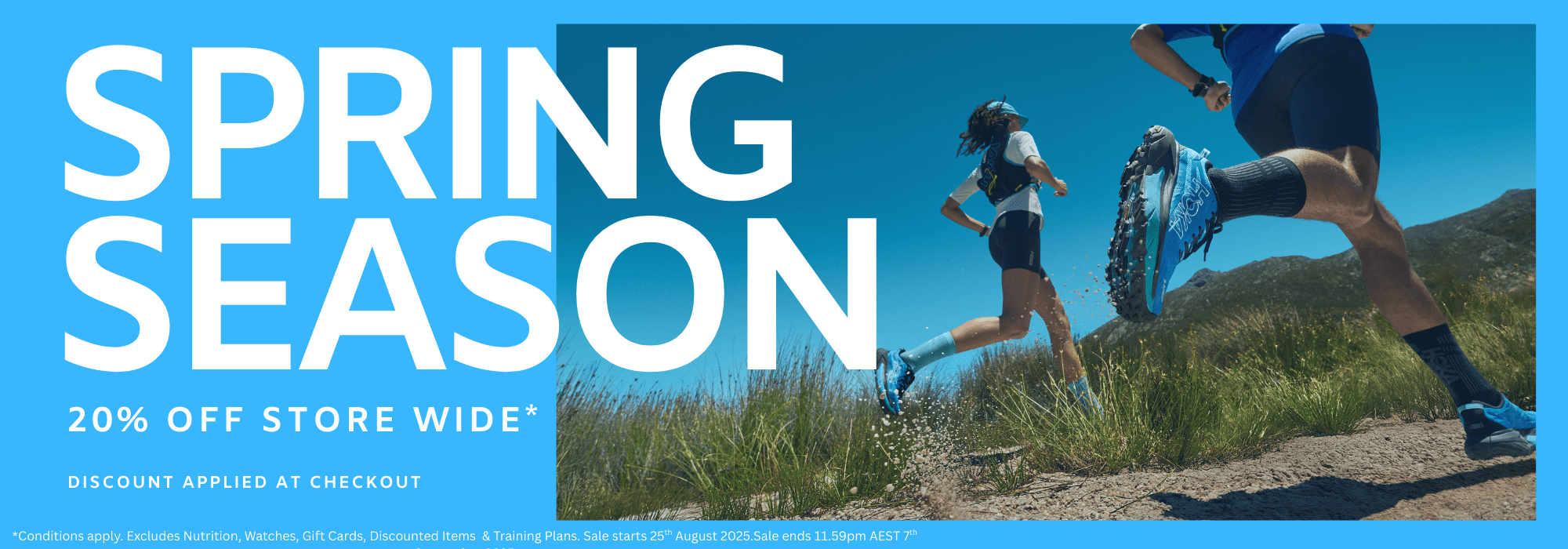 Two people running on a trail with promotional text for a spring season sale.